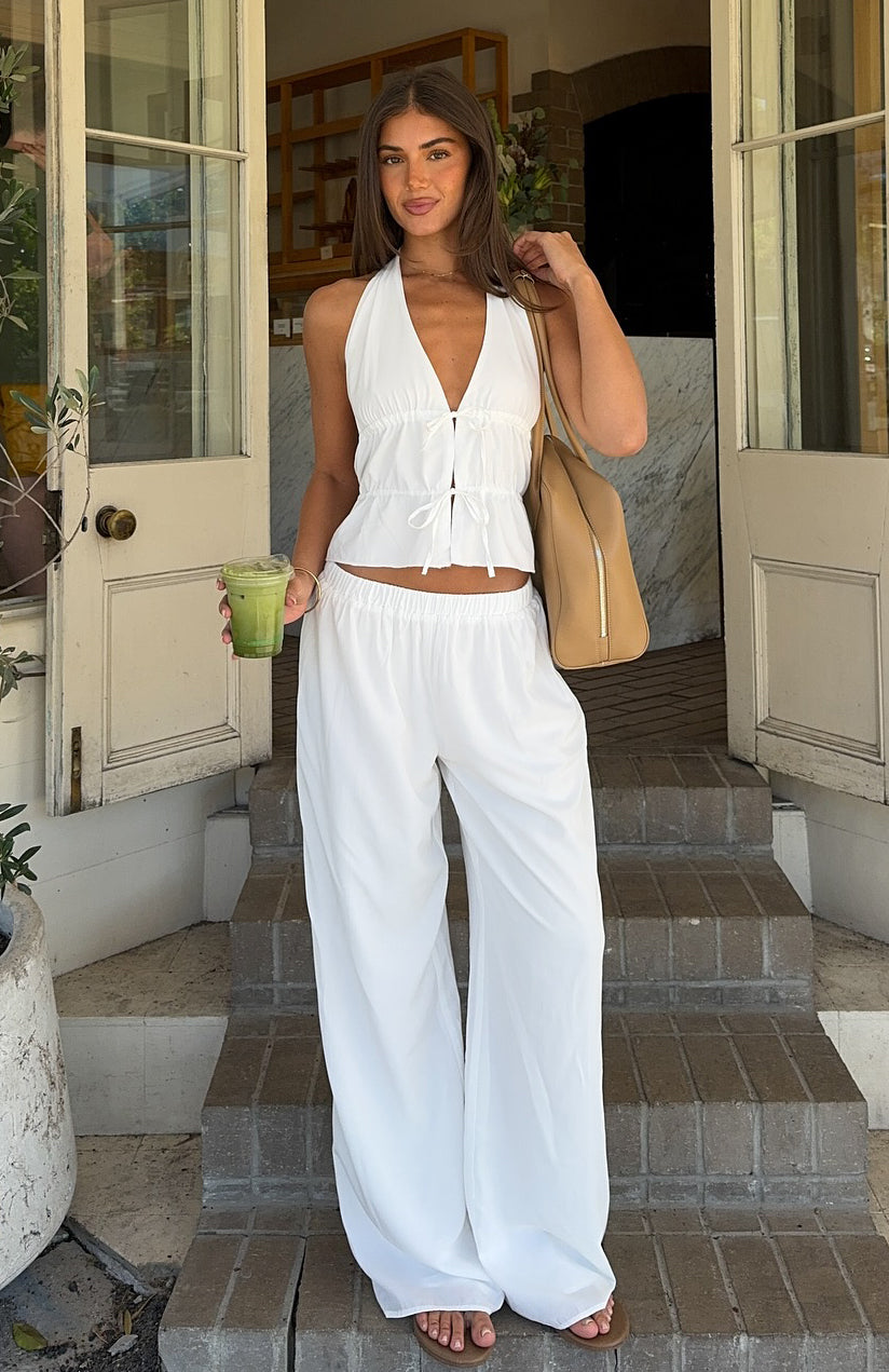 White Elastic Waistband Pants - Lightweight Rayon Tencel