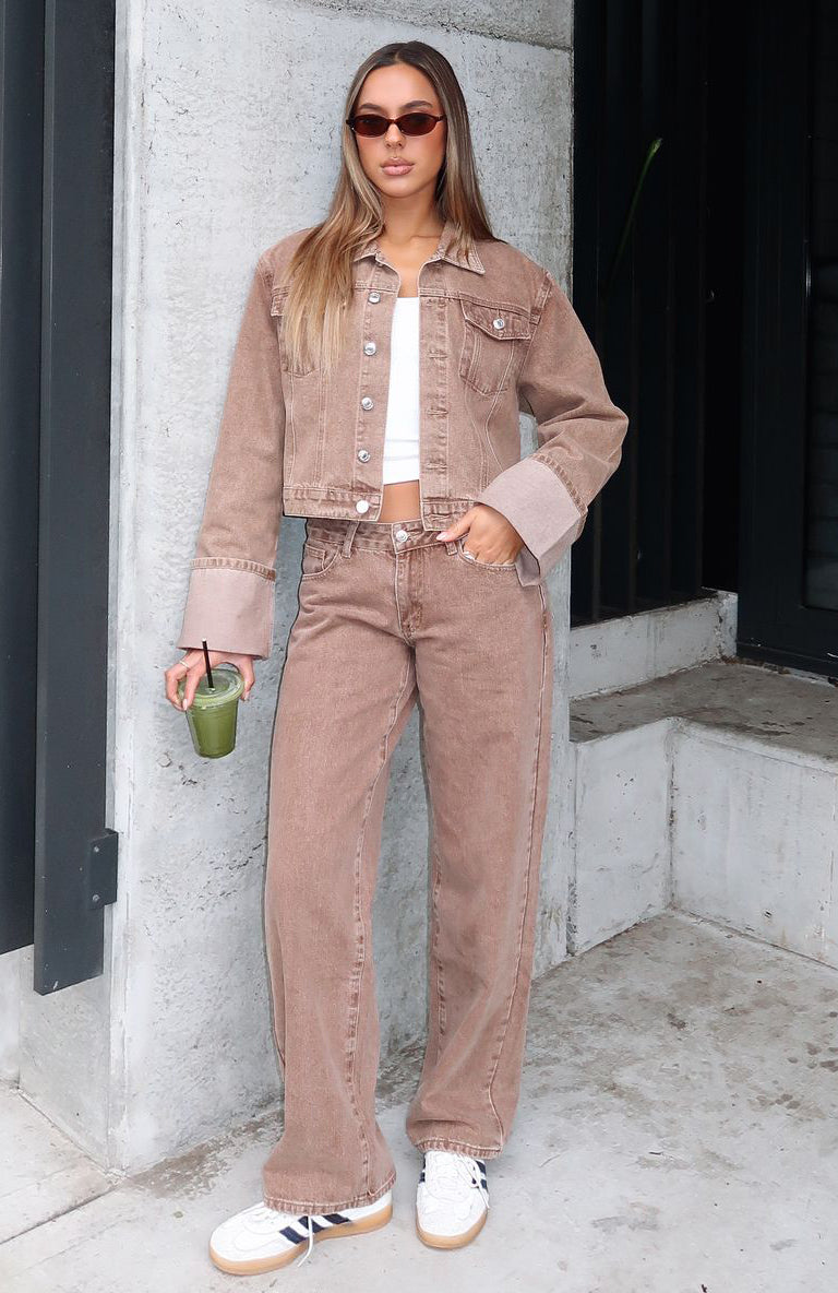 Bring The Style Low Rise Wide Leg Jeans - Tan Wash Denim