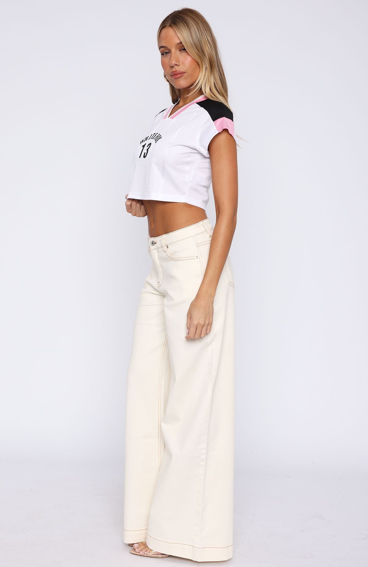 Elena Cream Low Rise Wide Leg Jeans - Cotton Blend Women's Pants