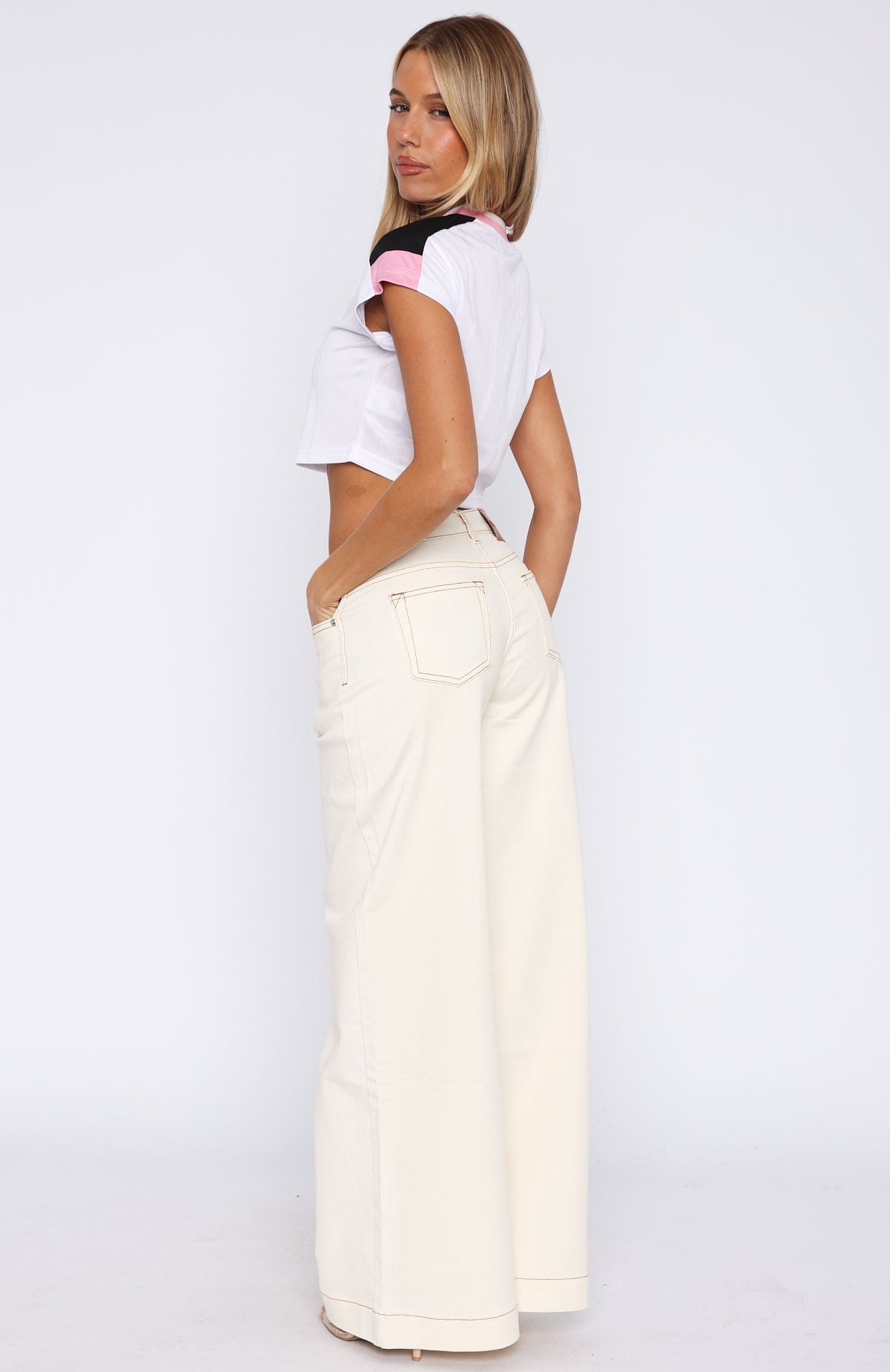 Elena Cream Low Rise Wide Leg Jeans - Cotton Blend Women's Pants