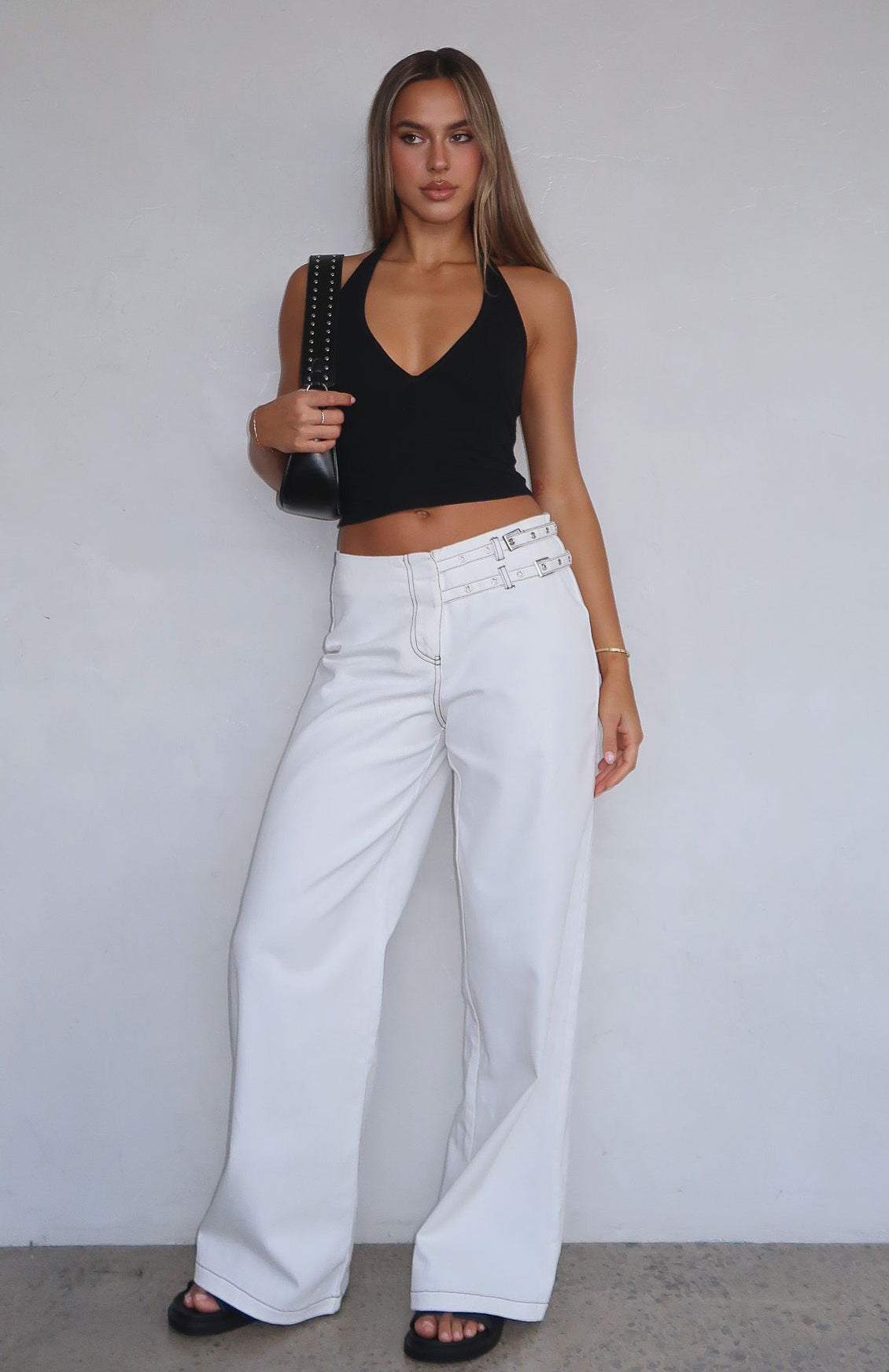 No Second Chances Cream Low Rise Pants with Adjustable Buckle