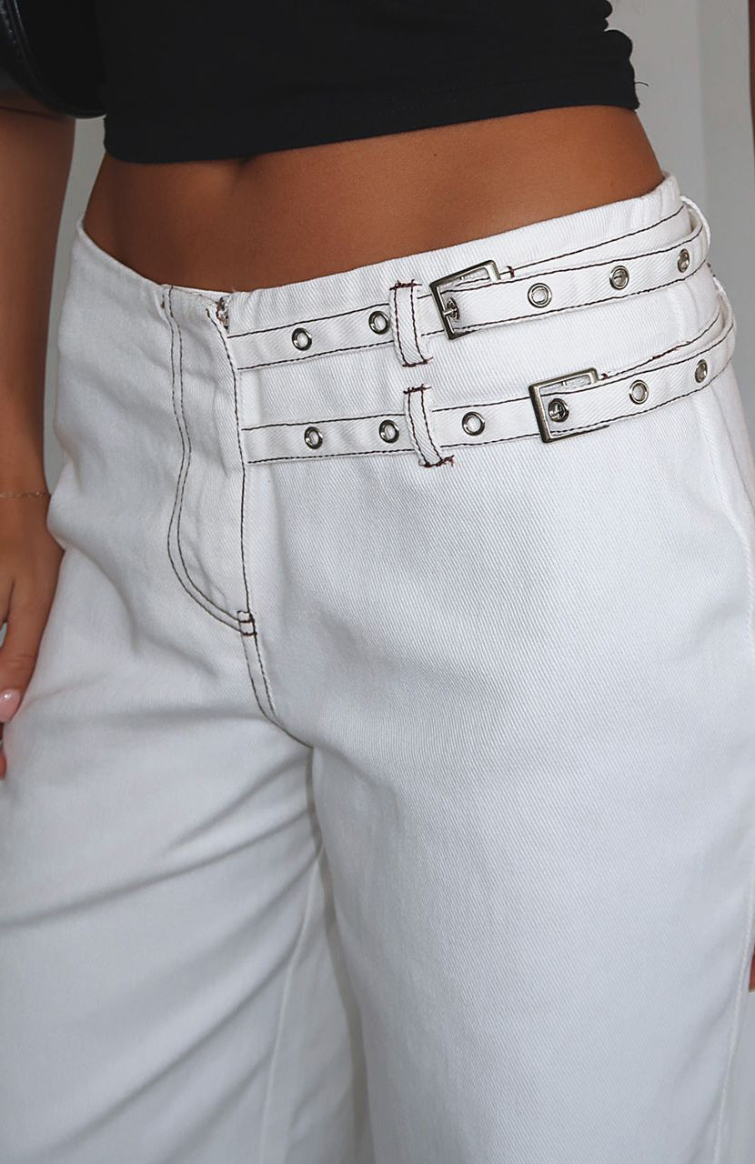 No Second Chances Cream Low Rise Pants with Adjustable Buckle