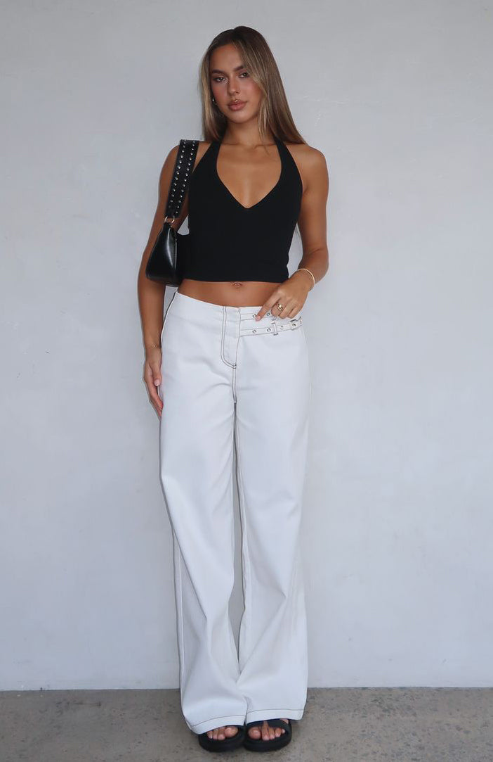 No Second Chances Cream Low Rise Pants with Adjustable Buckle