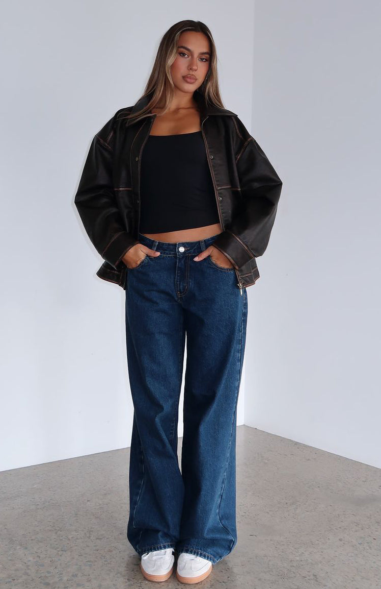 White Fox Maeve Low Rise Wide Leg Jeans - Dark Blue Denim