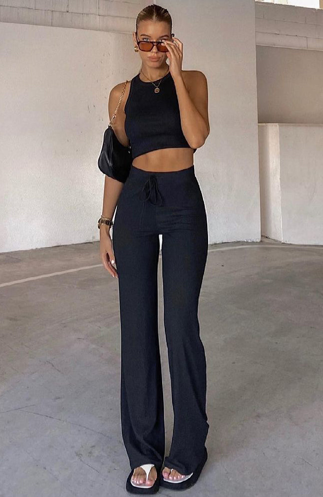 Adore You Black Ribbed Flare Pants with Drawstring Waist