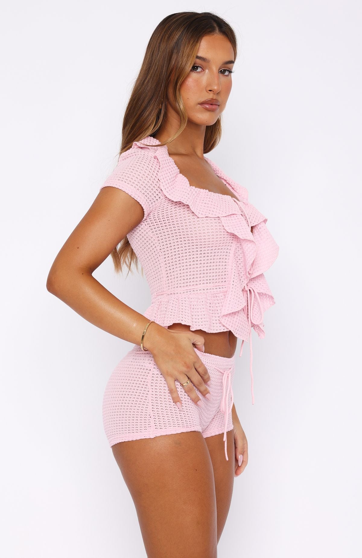 Pink Crochet Shorts with Drawstring Waist & Stretch Fabric