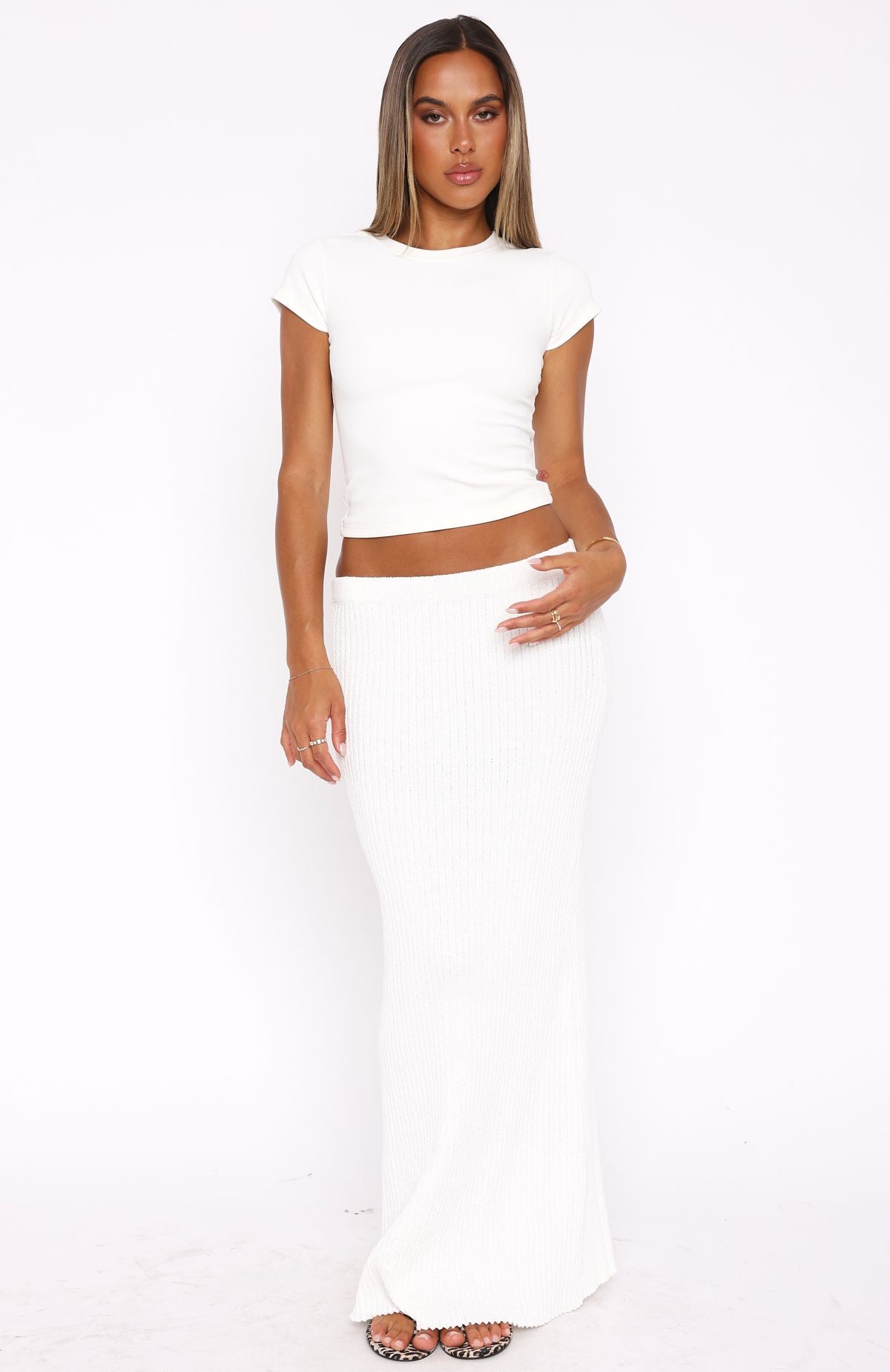 White Knit Maxi Skirt with Elastic Waistband - Millionaire