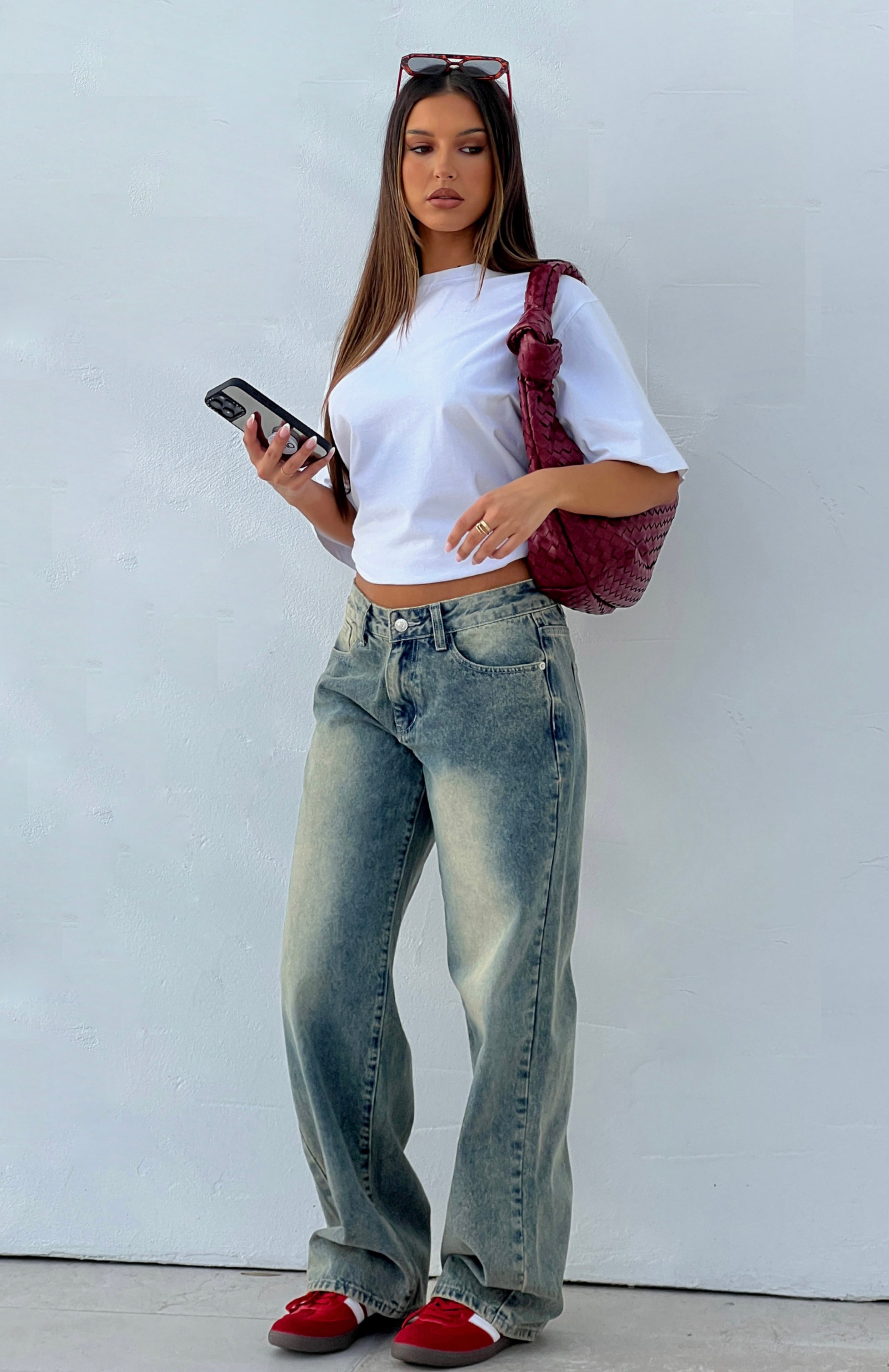 White Fox Low Rise Wide Leg Jeans - 100% Cotton Sand Wash