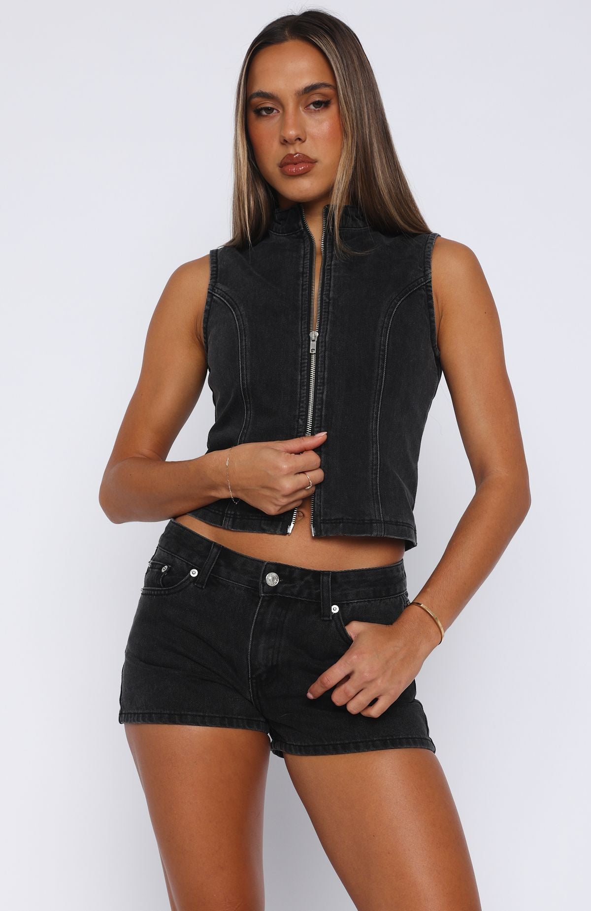 WF Softly Spoken Black Acid Wash Denim Shorts