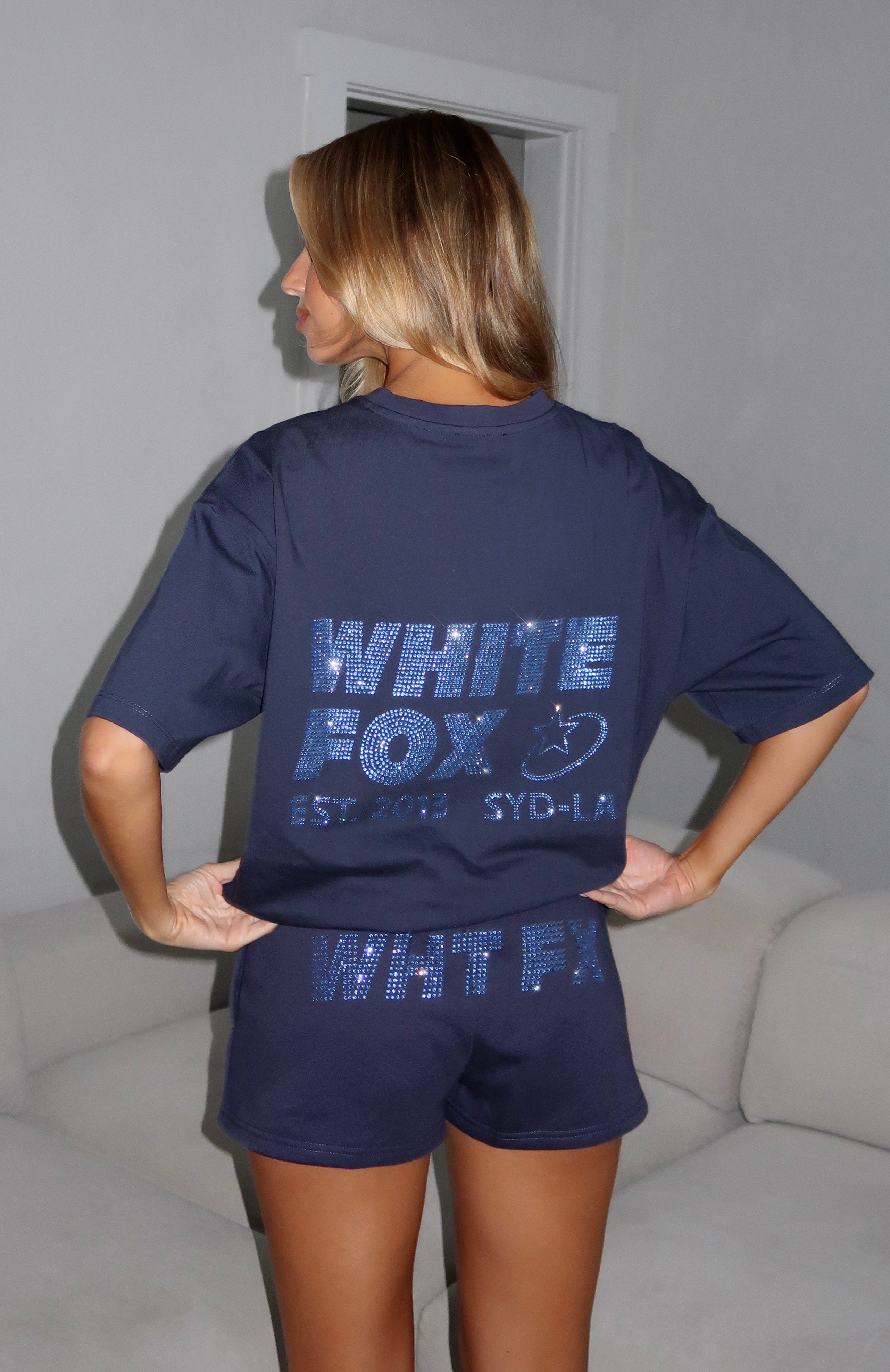 Always Shining Navy Lounge Shorts with Diamanté Logo & Pockets