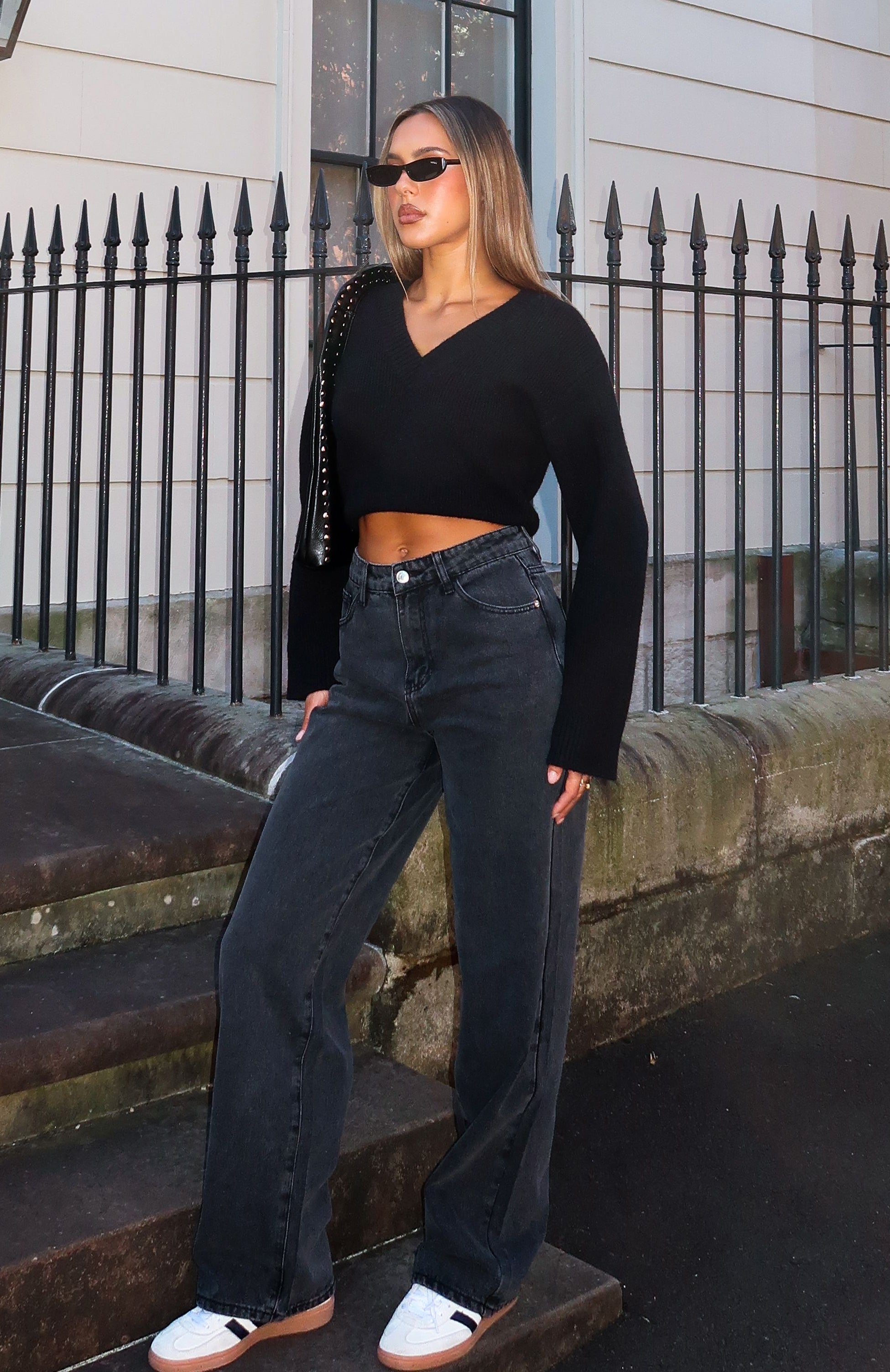 White Fox High Rise Wide Leg Jeans - Black Acid Wash