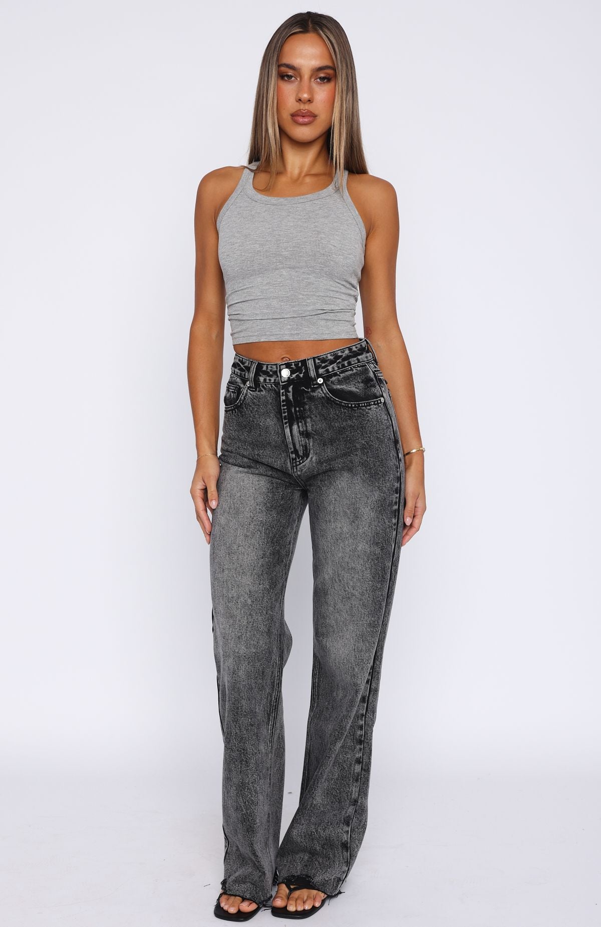 Alana High Waisted Distressed Straight Leg Jeans - Grey Acid Wash