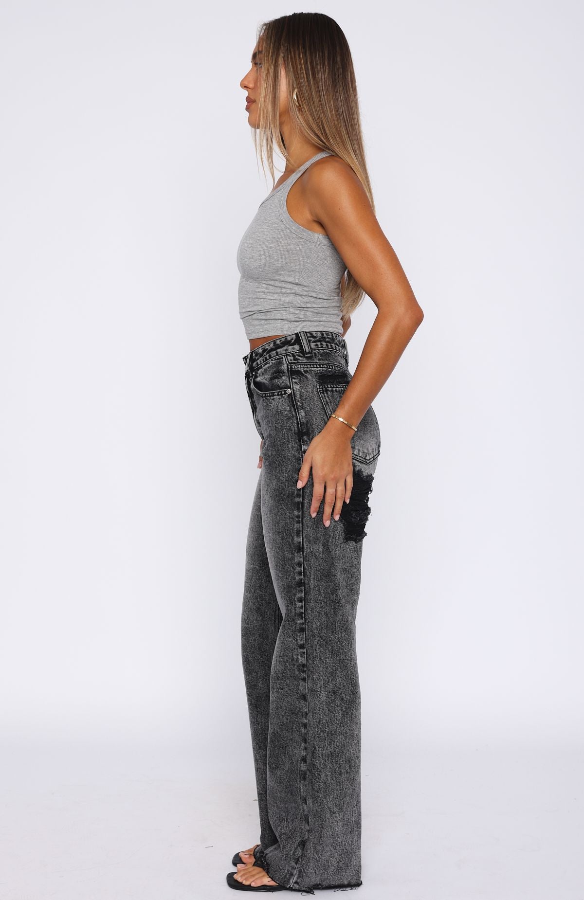 Alana High Waisted Distressed Straight Leg Jeans - Grey Acid Wash