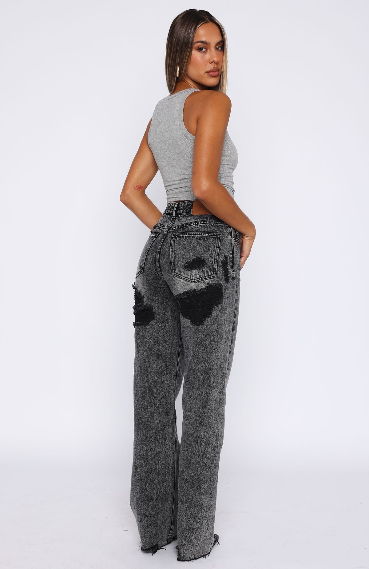 Alana High Waisted Distressed Straight Leg Jeans - Grey Acid Wash