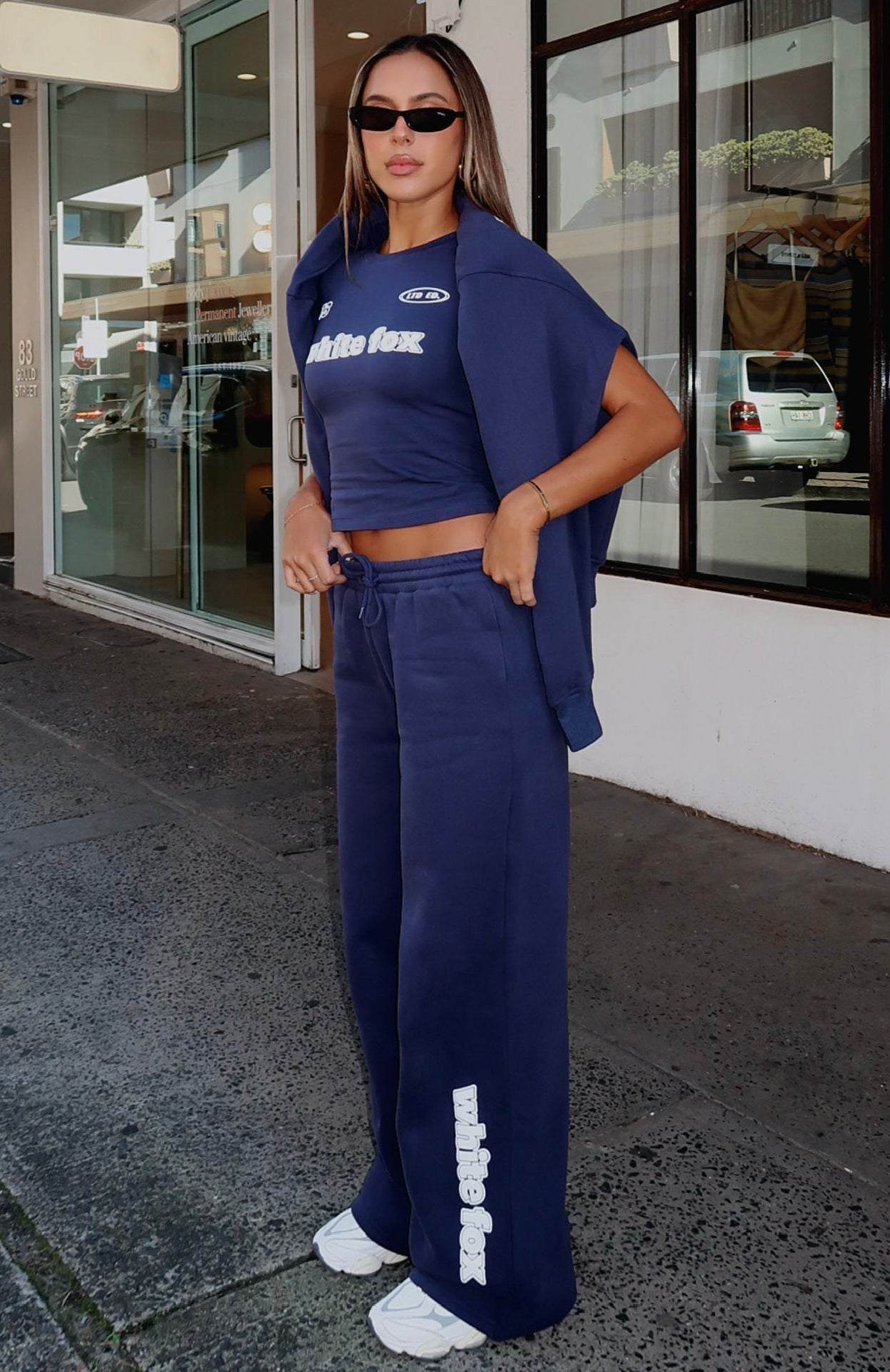 White Fox Ready To Go Wide Leg Fleece Sweatpants - Navy