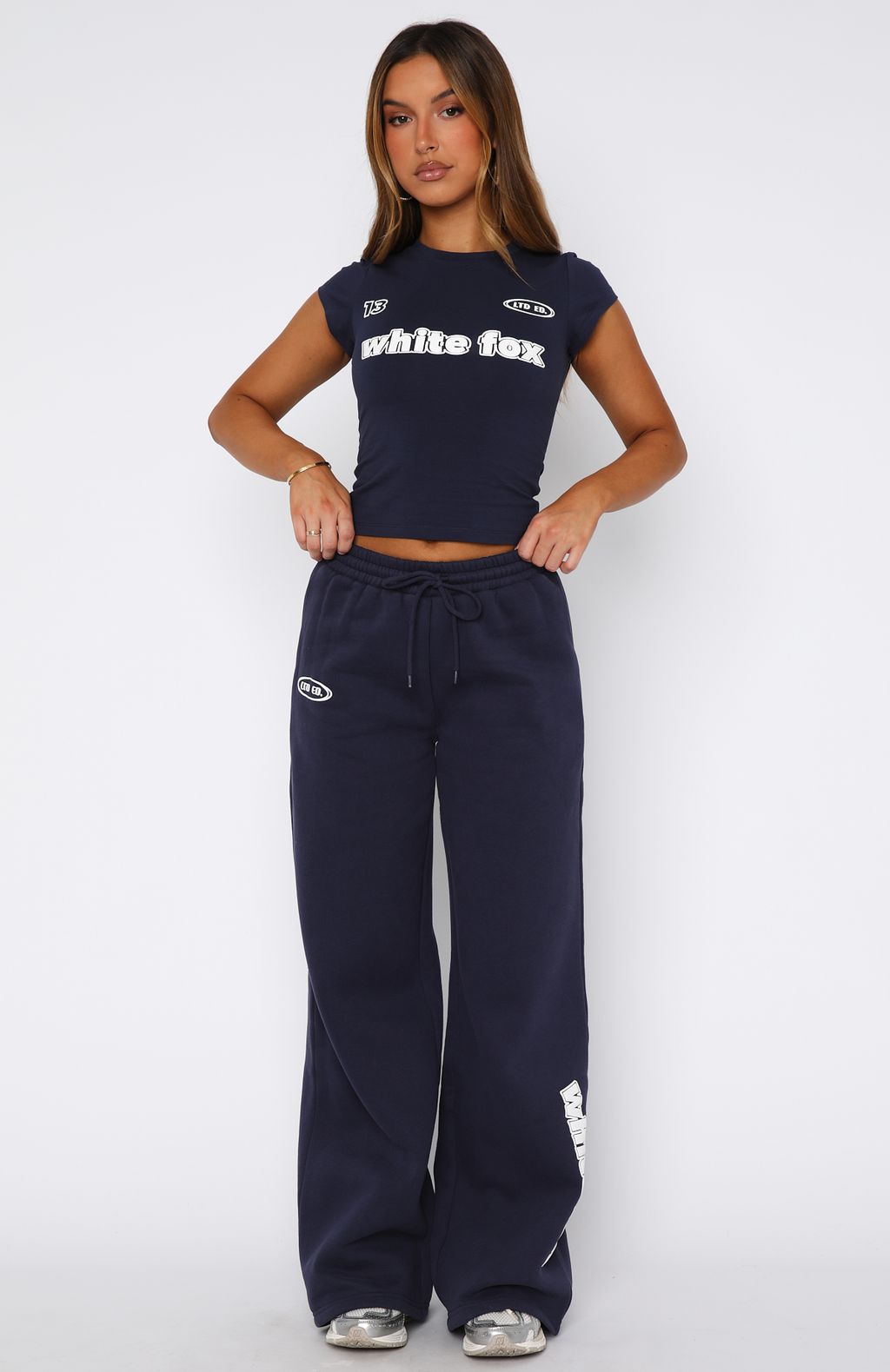 White Fox Ready To Go Wide Leg Fleece Sweatpants - Navy