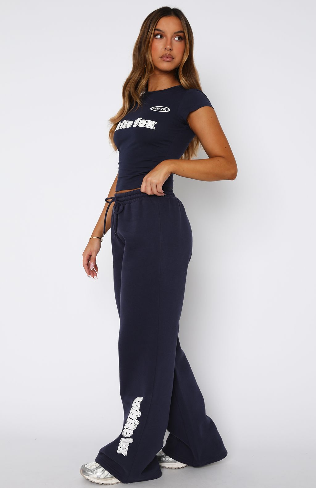White Fox Ready To Go Wide Leg Fleece Sweatpants - Navy