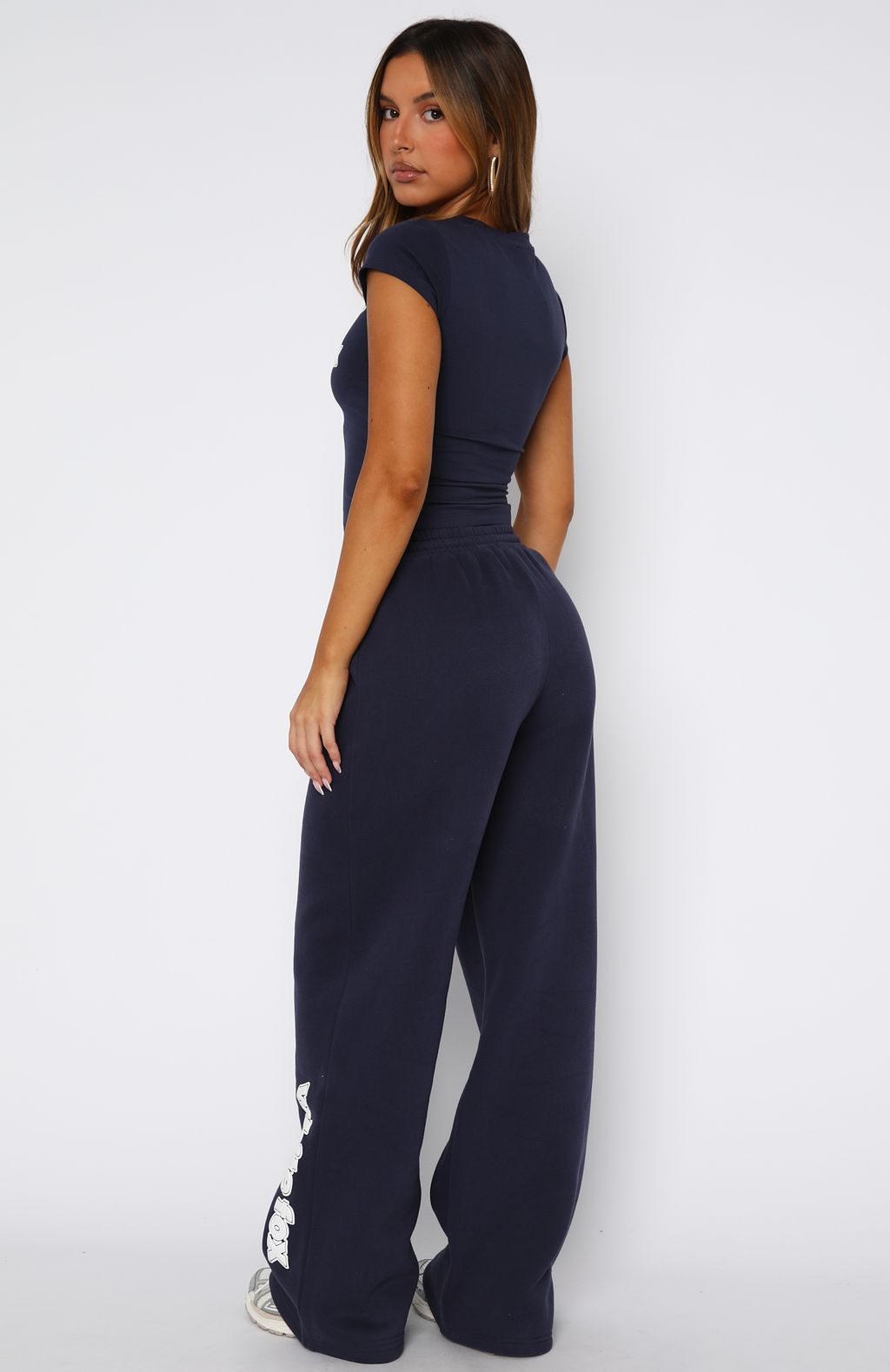 White Fox Ready To Go Wide Leg Fleece Sweatpants - Navy