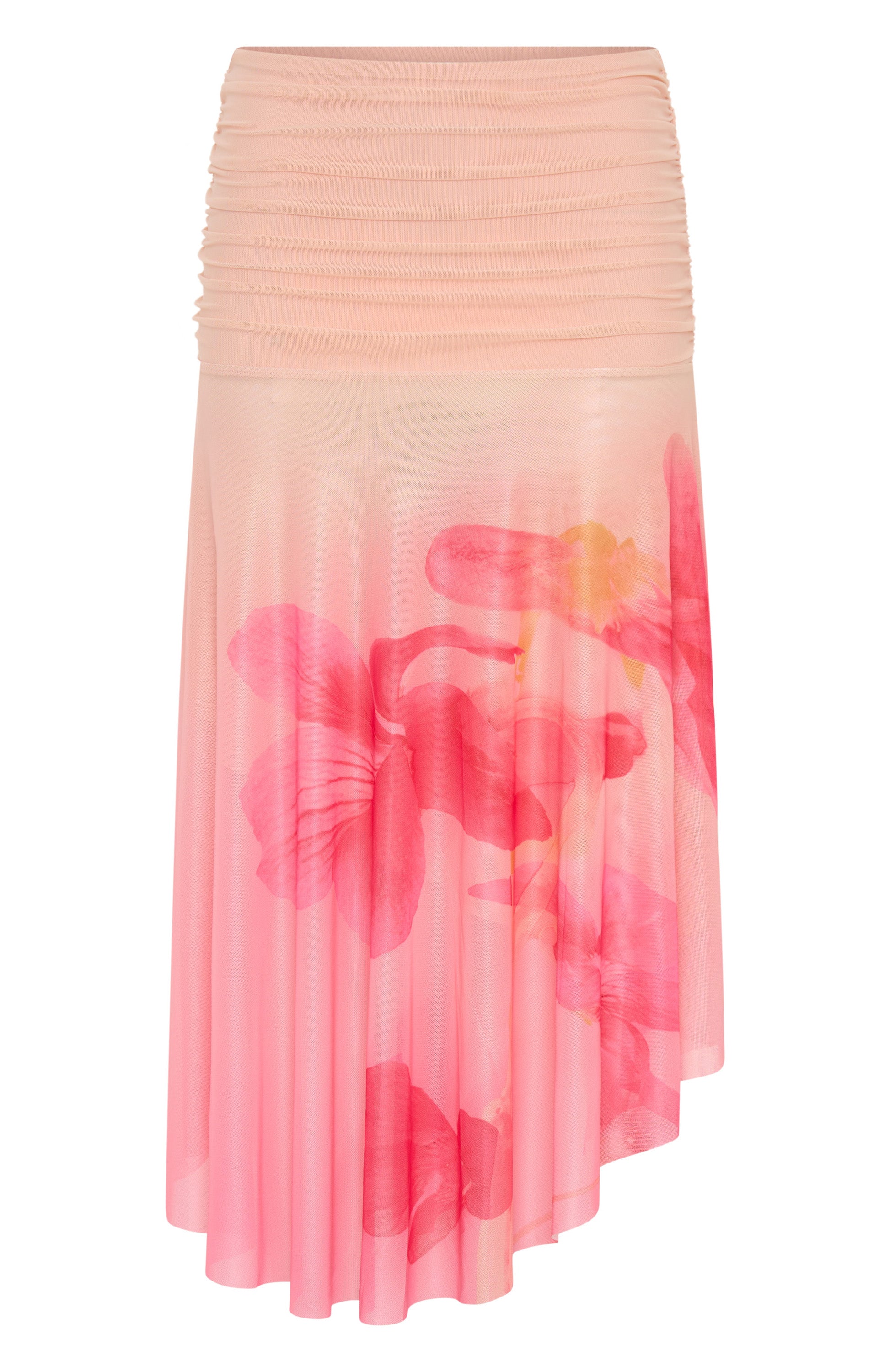 Botanic Mirage Midi Skirt with Ruching & Layered Design