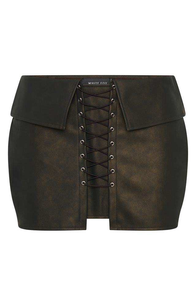 Falling Star Chocolate PU Mini Skirt with Lace-Up Detail