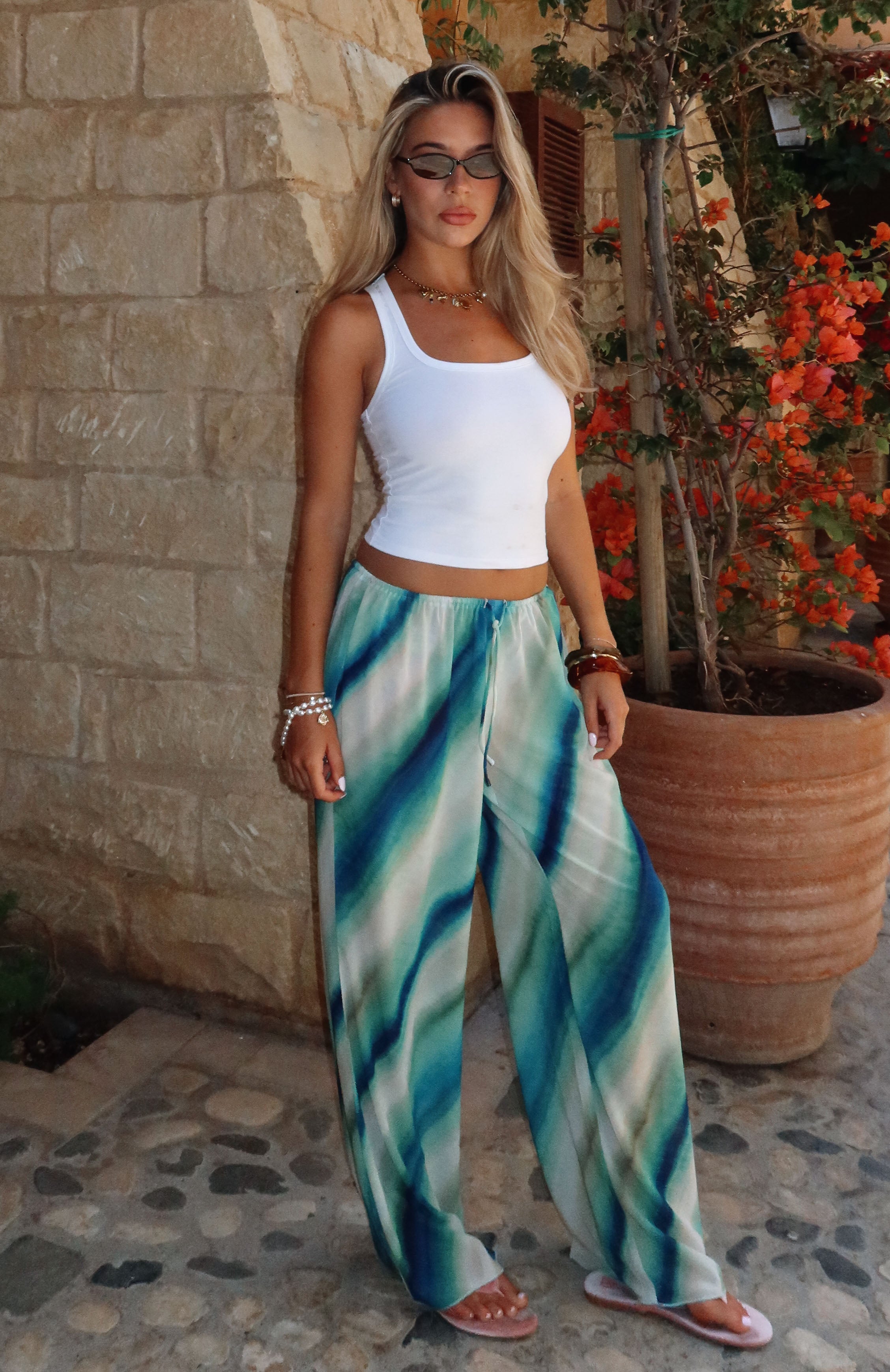 Seafoam Green Wide Leg Pants with Drawstring Waist