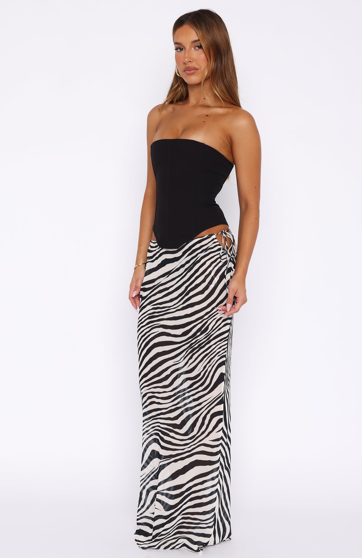 Zebra Print Maxi Skirt with Cut-Out Waist & Tie Straps