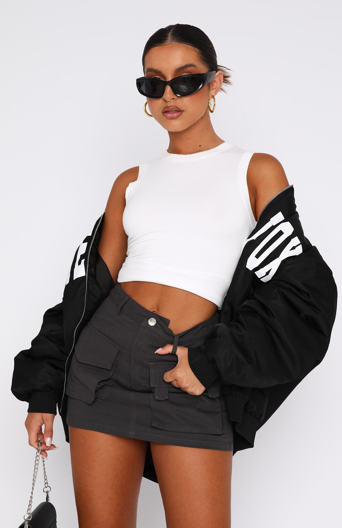 High Waisted Cargo Mini Skirt in Charcoal | Weekend Travels