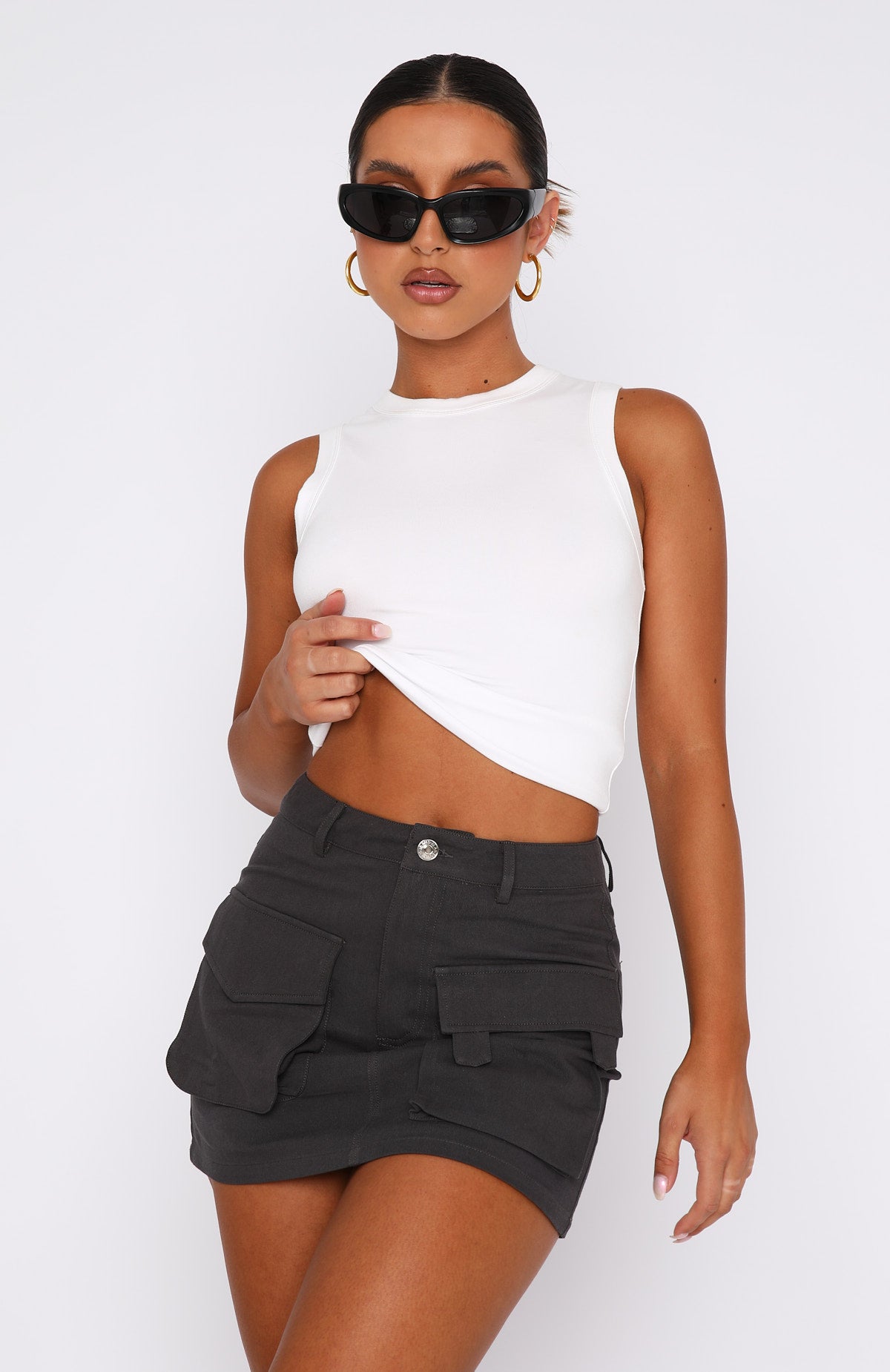 High Waisted Cargo Mini Skirt in Charcoal | Weekend Travels