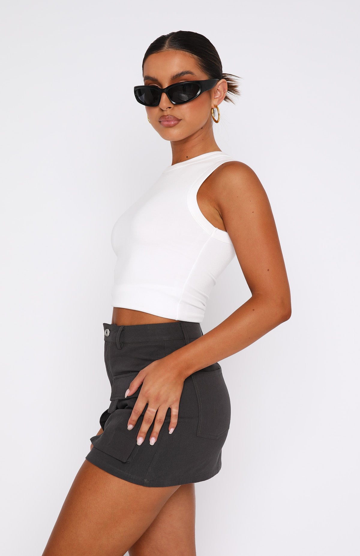 High Waisted Cargo Mini Skirt in Charcoal | Weekend Travels