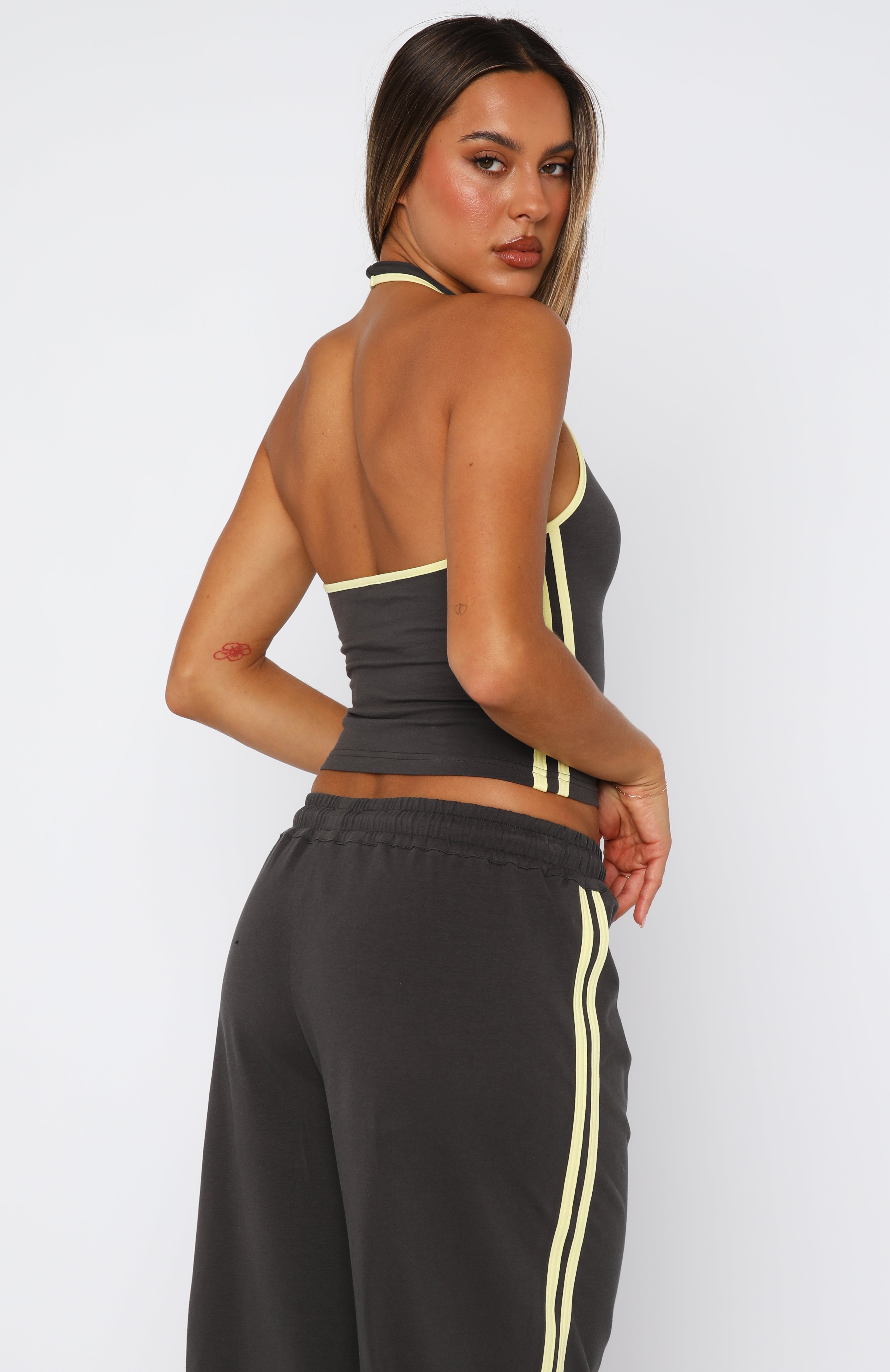 Star Of The Night Charcoal Halter Top with Yellow Trim