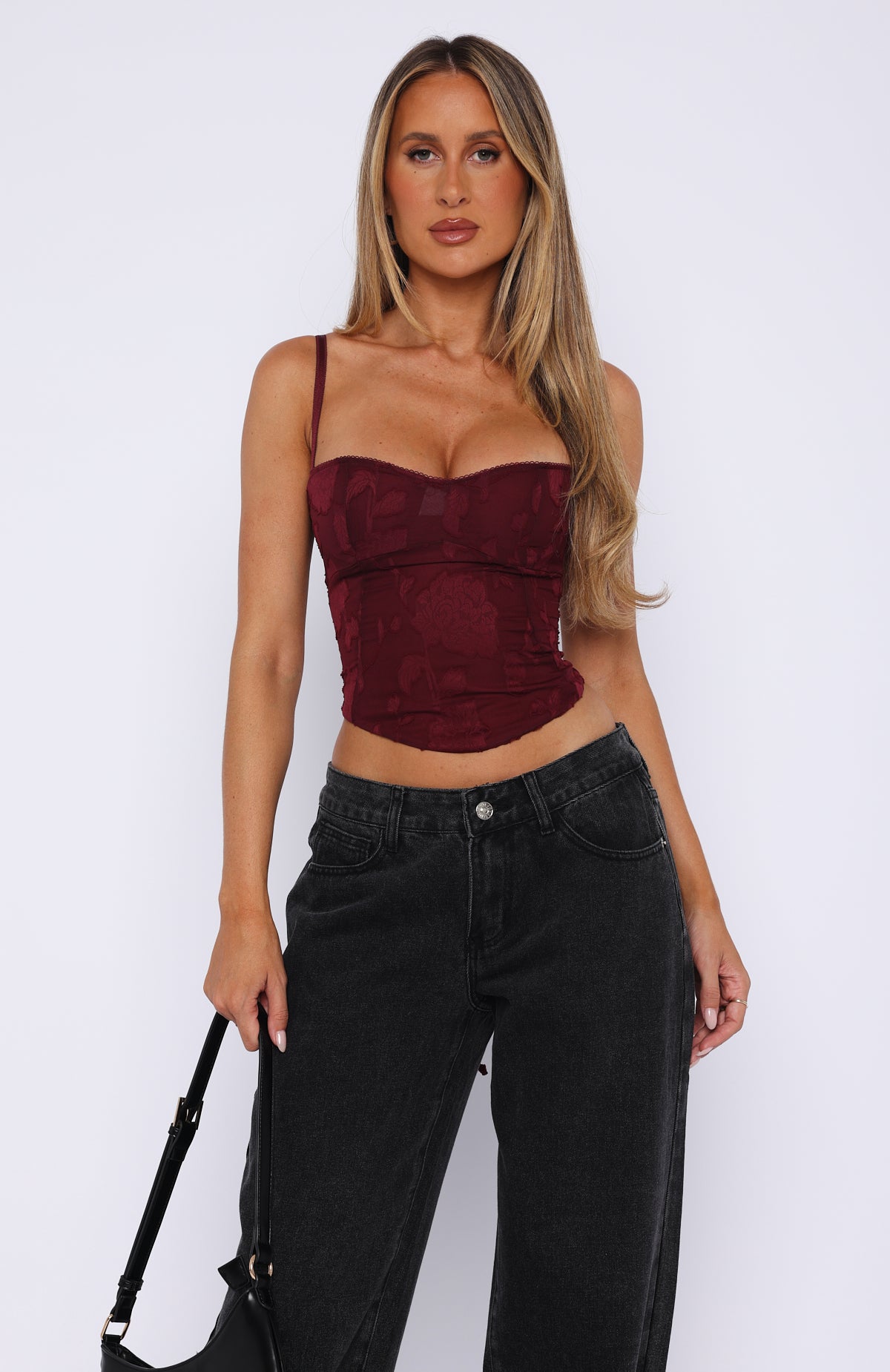 Broken Dreams Wine Bustier Top - Adjustable Straps & Back Lace-Up