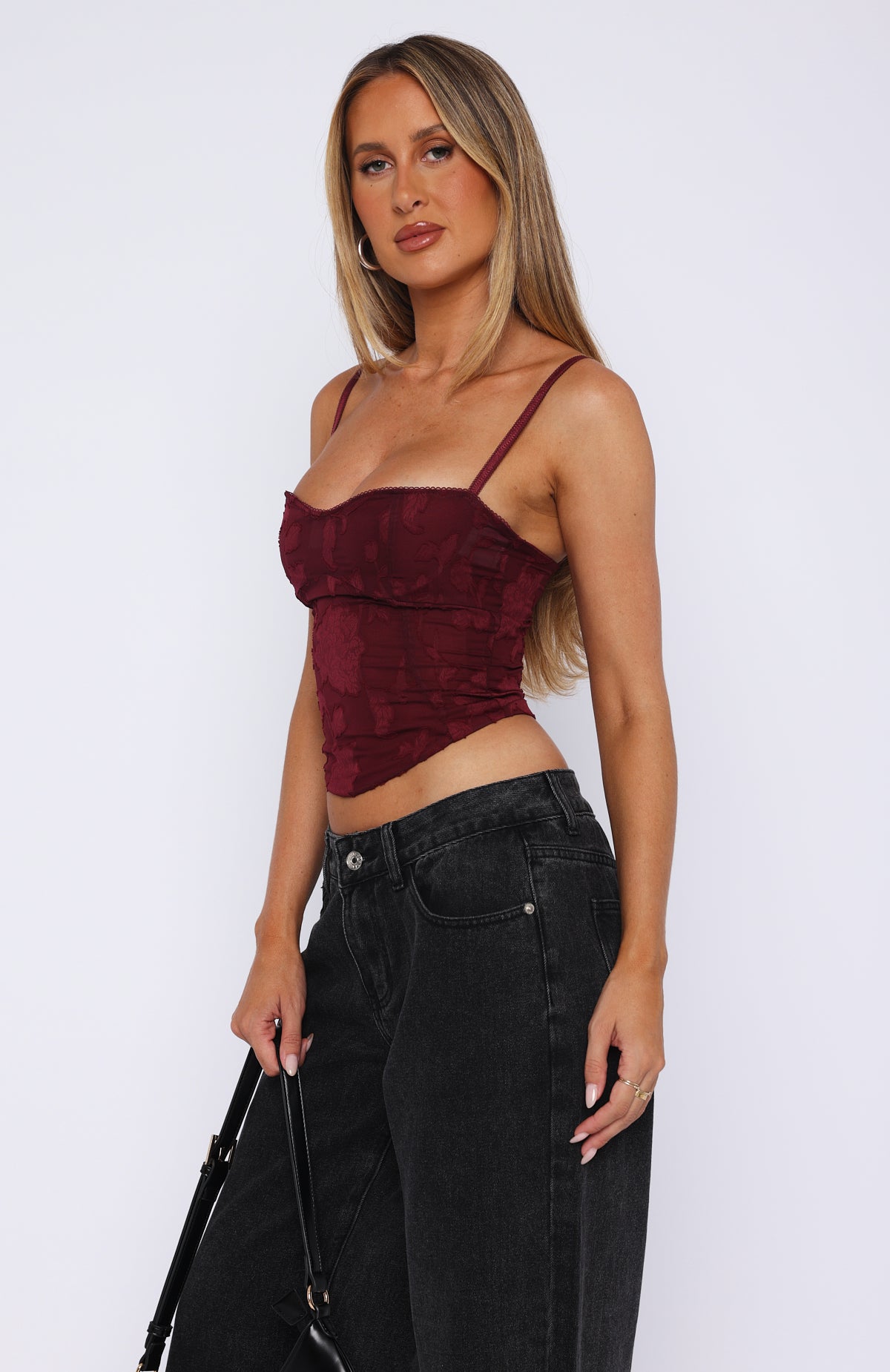 Broken Dreams Wine Bustier Top - Adjustable Straps & Back Lace-Up