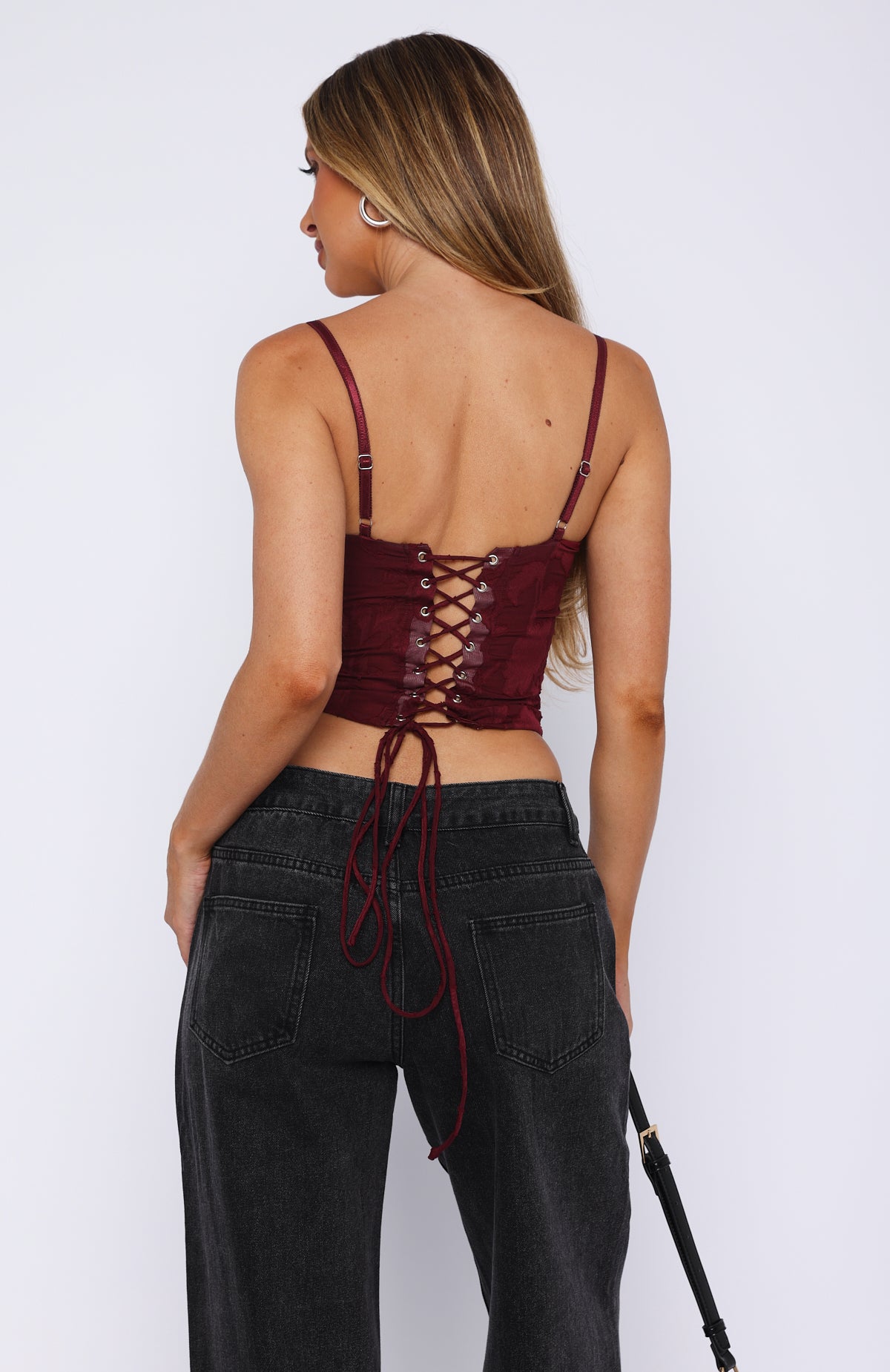 Broken Dreams Wine Bustier Top - Adjustable Straps & Back Lace-Up