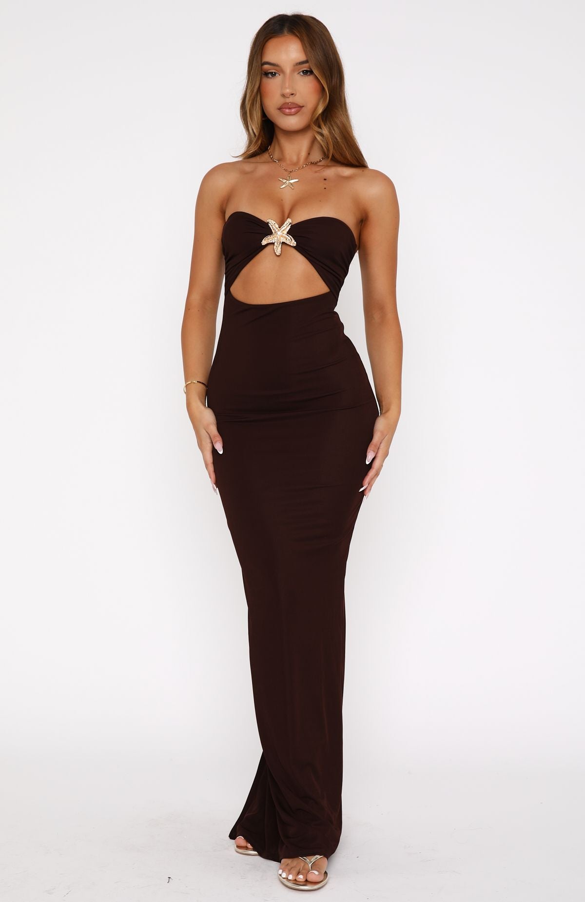 Chocolate Strapless Maxi Dress with Gold Embellishment