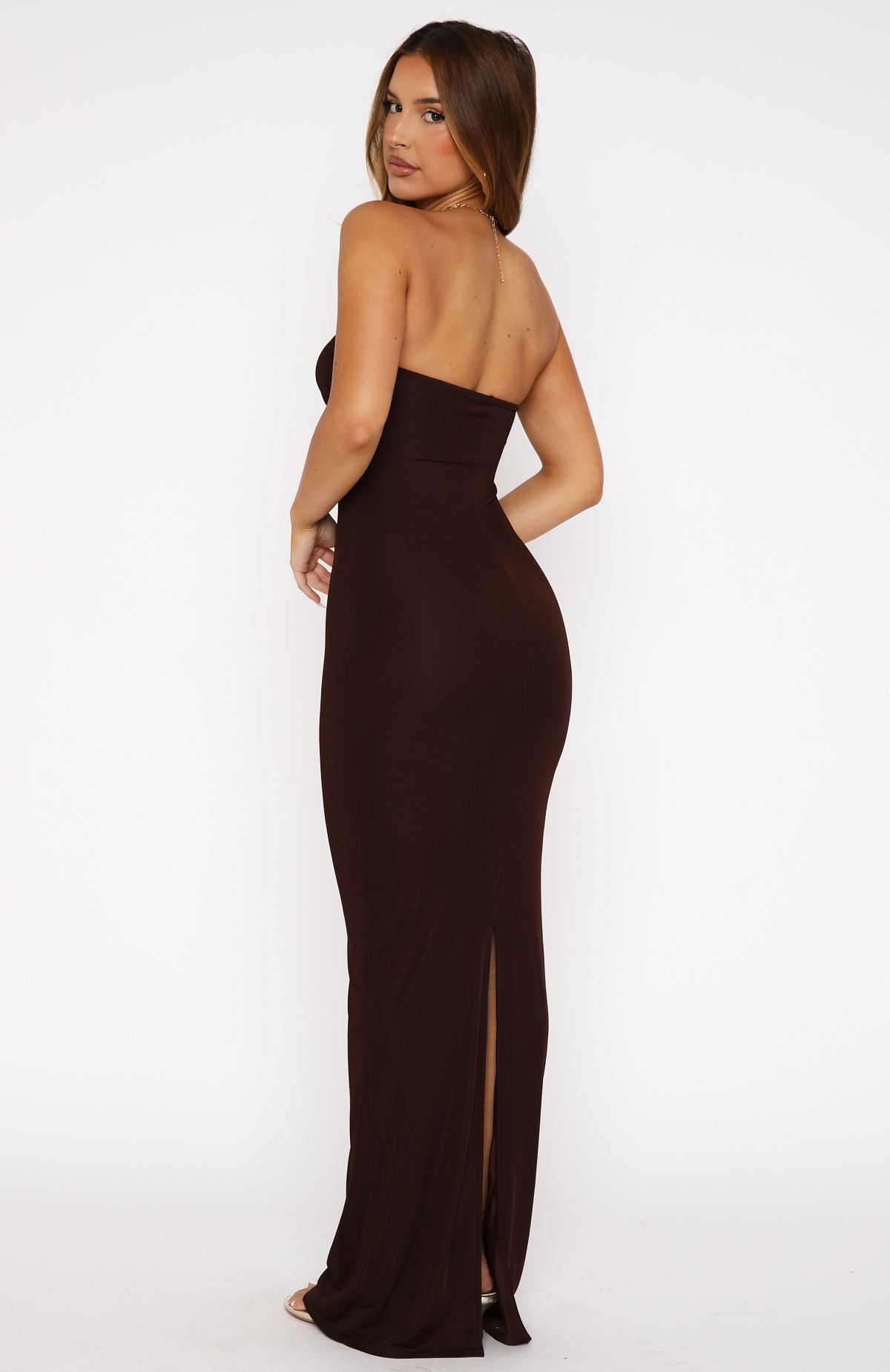 Chocolate Strapless Maxi Dress with Gold Embellishment