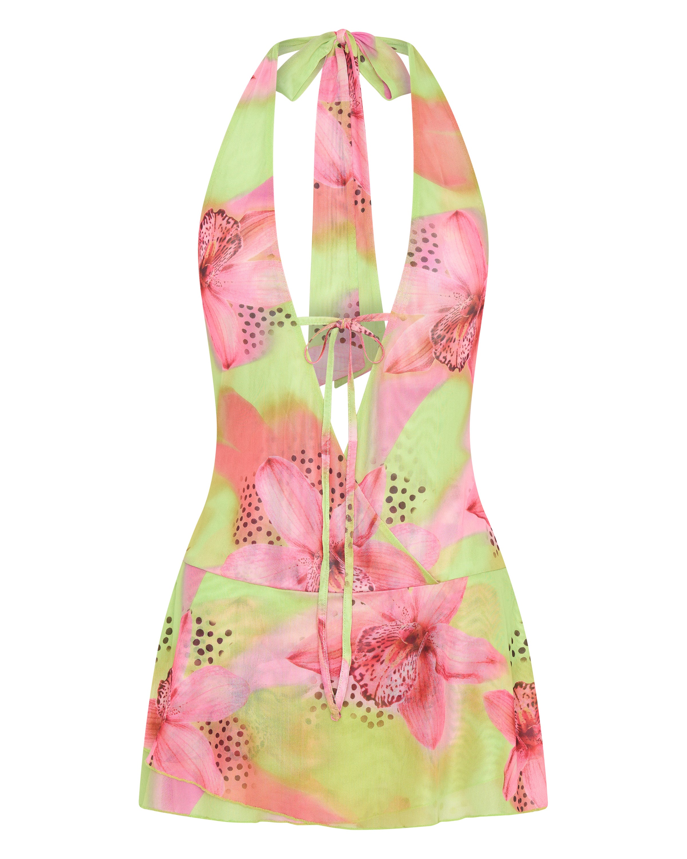 Lime Green Halter Mini Dress - Backless & Plunge Neckline