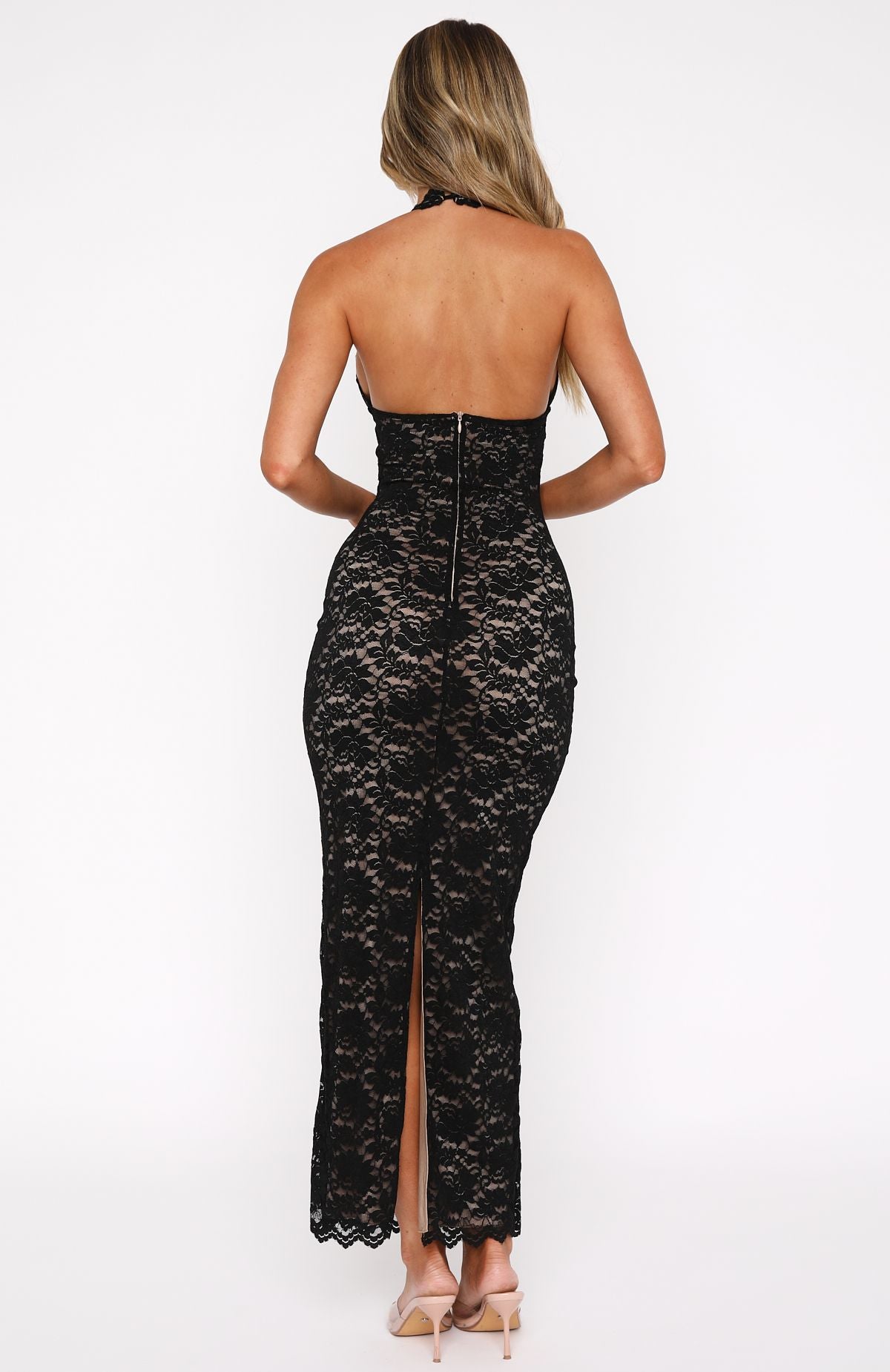 Black Lace Maxi Dress with Halter Neck & V-Neckline