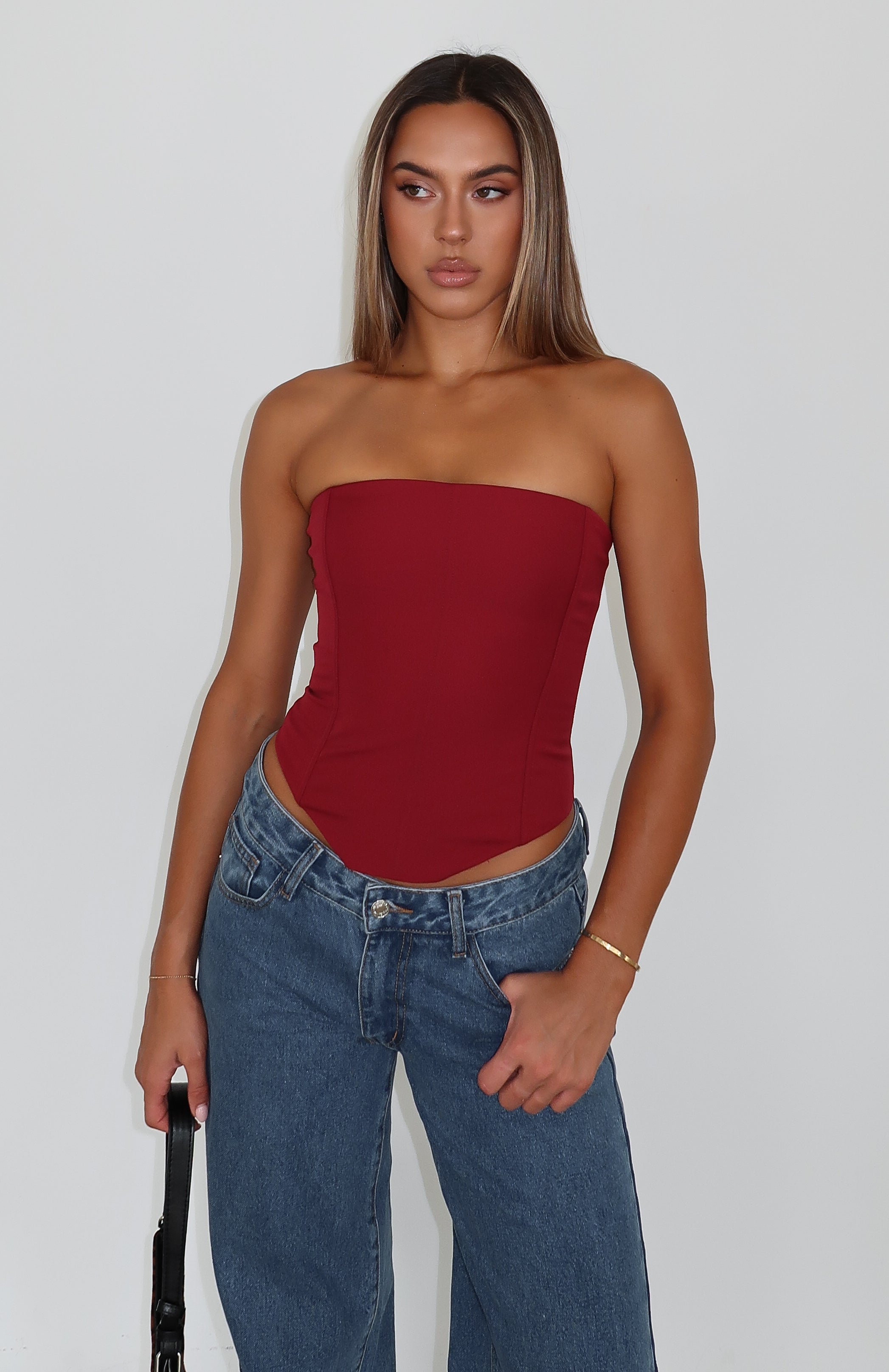 Wine Strapless Bustier Corset with Lace-Up Back & Grip Tape