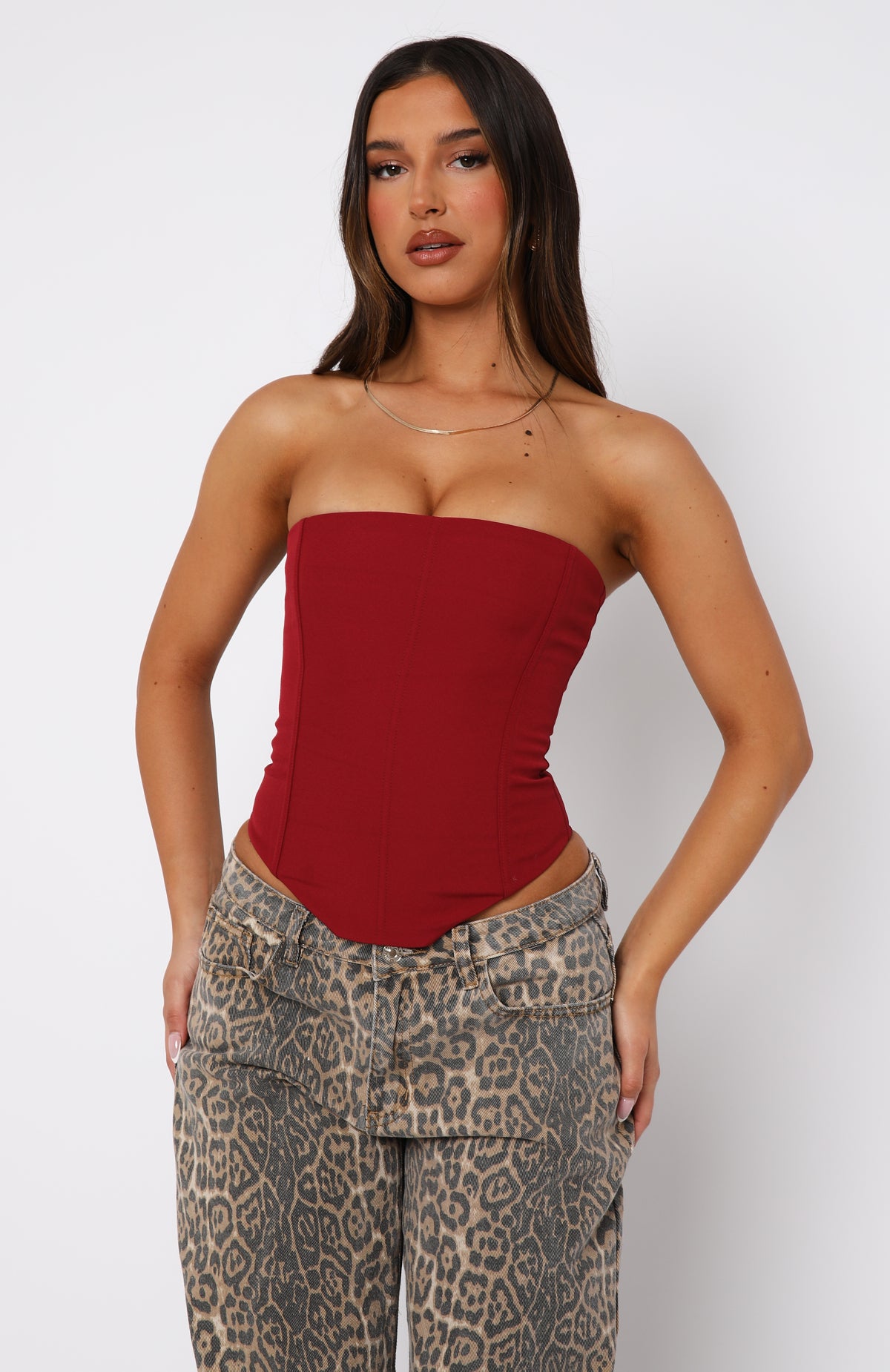 Wine Strapless Bustier Corset with Lace-Up Back & Grip Tape