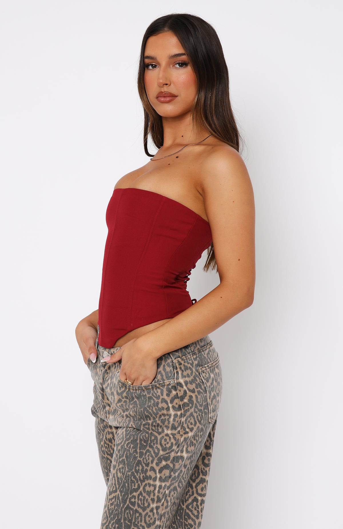 Wine Strapless Bustier Corset with Lace-Up Back & Grip Tape
