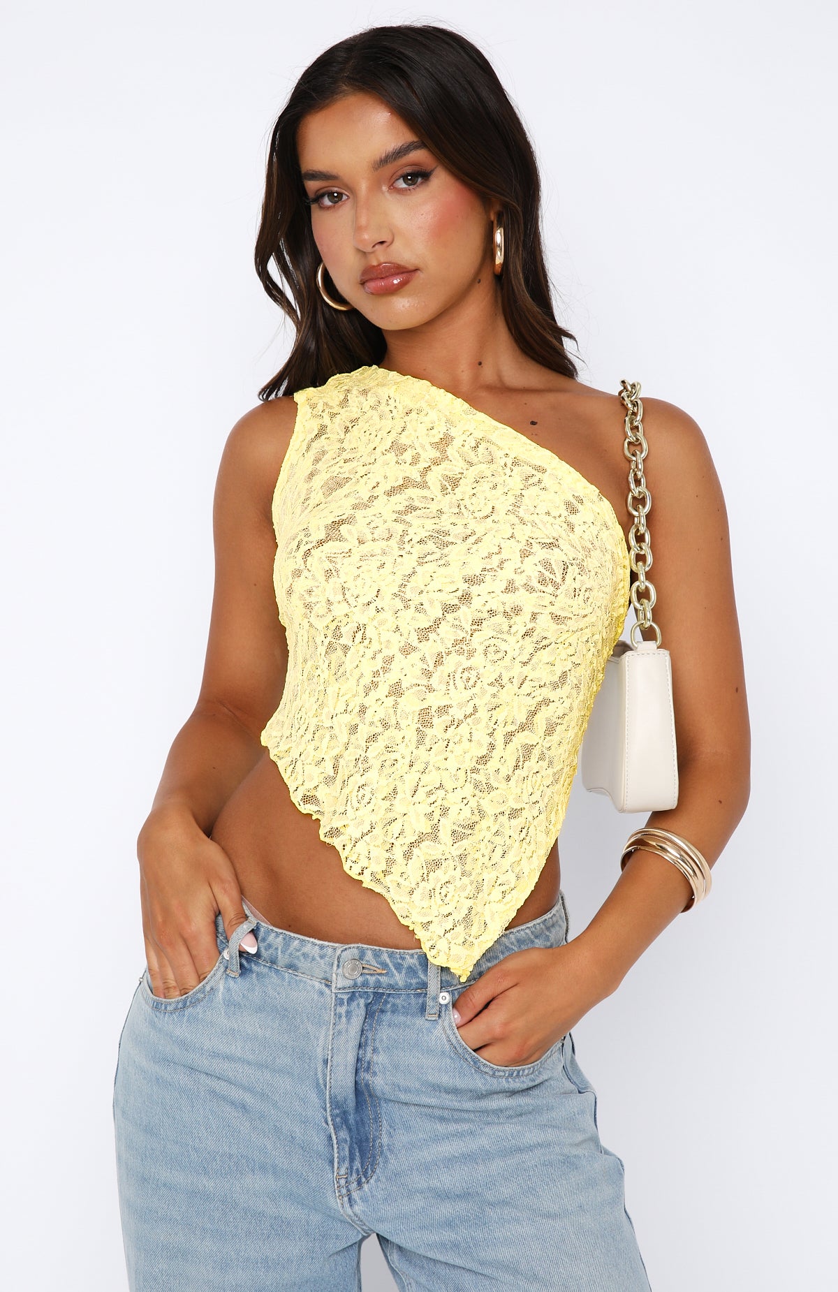 Lemon Lace One Shoulder Top - It's A Love Story