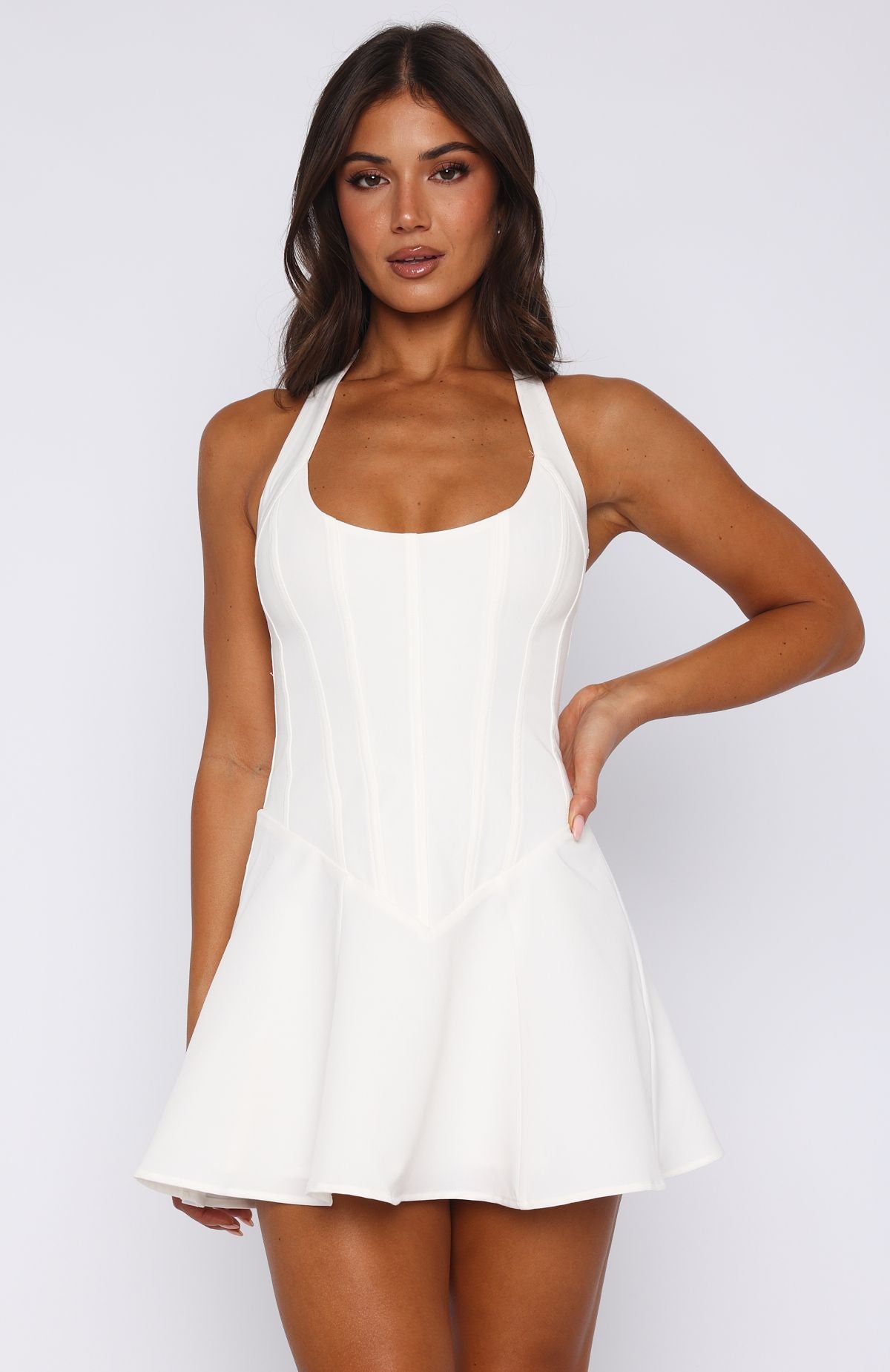 We Belong White Halter Mini Dress with Faux Boning