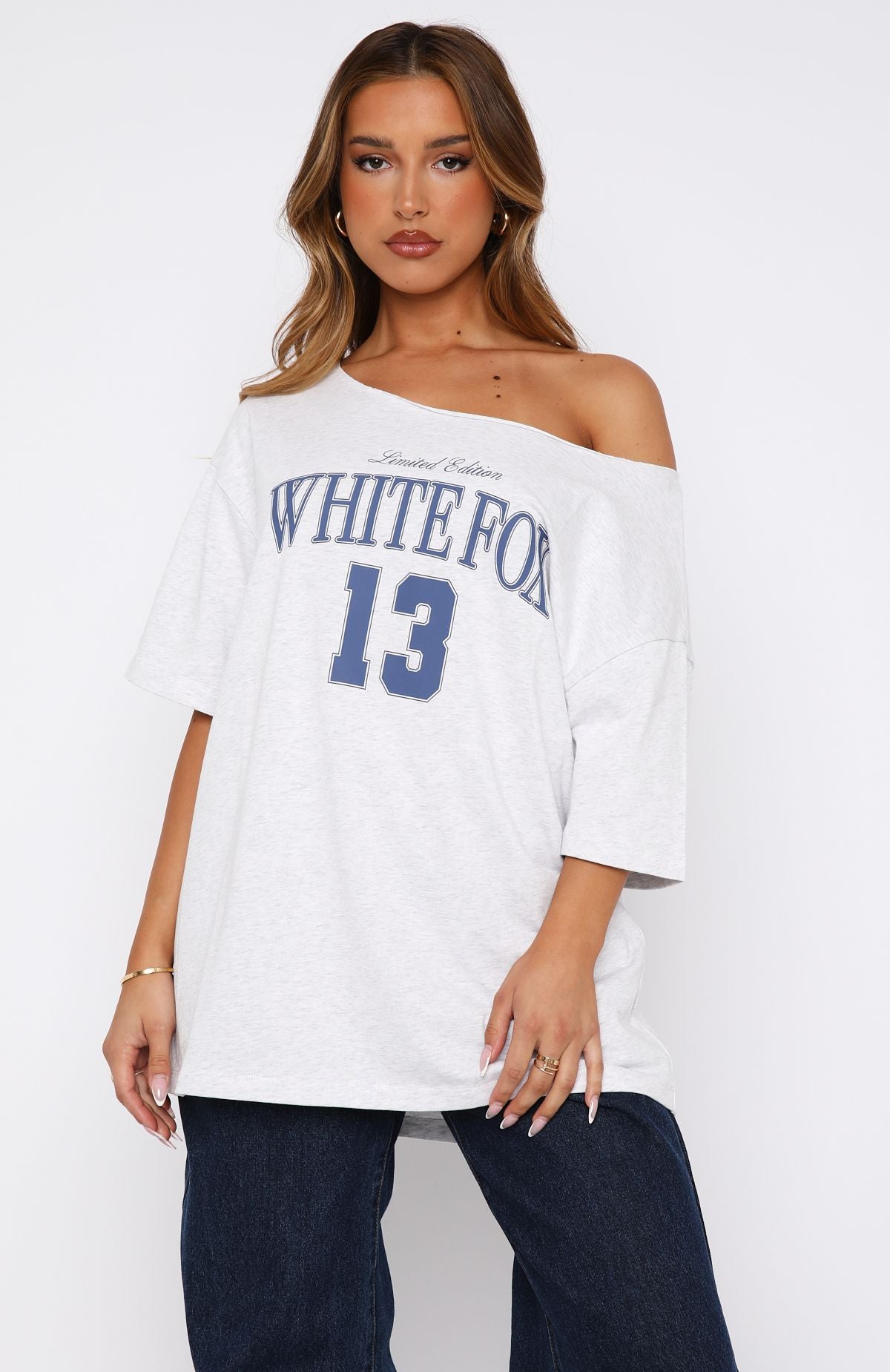 Everything In Time Off Shoulder Oversized Cotton Tee Grey Marle