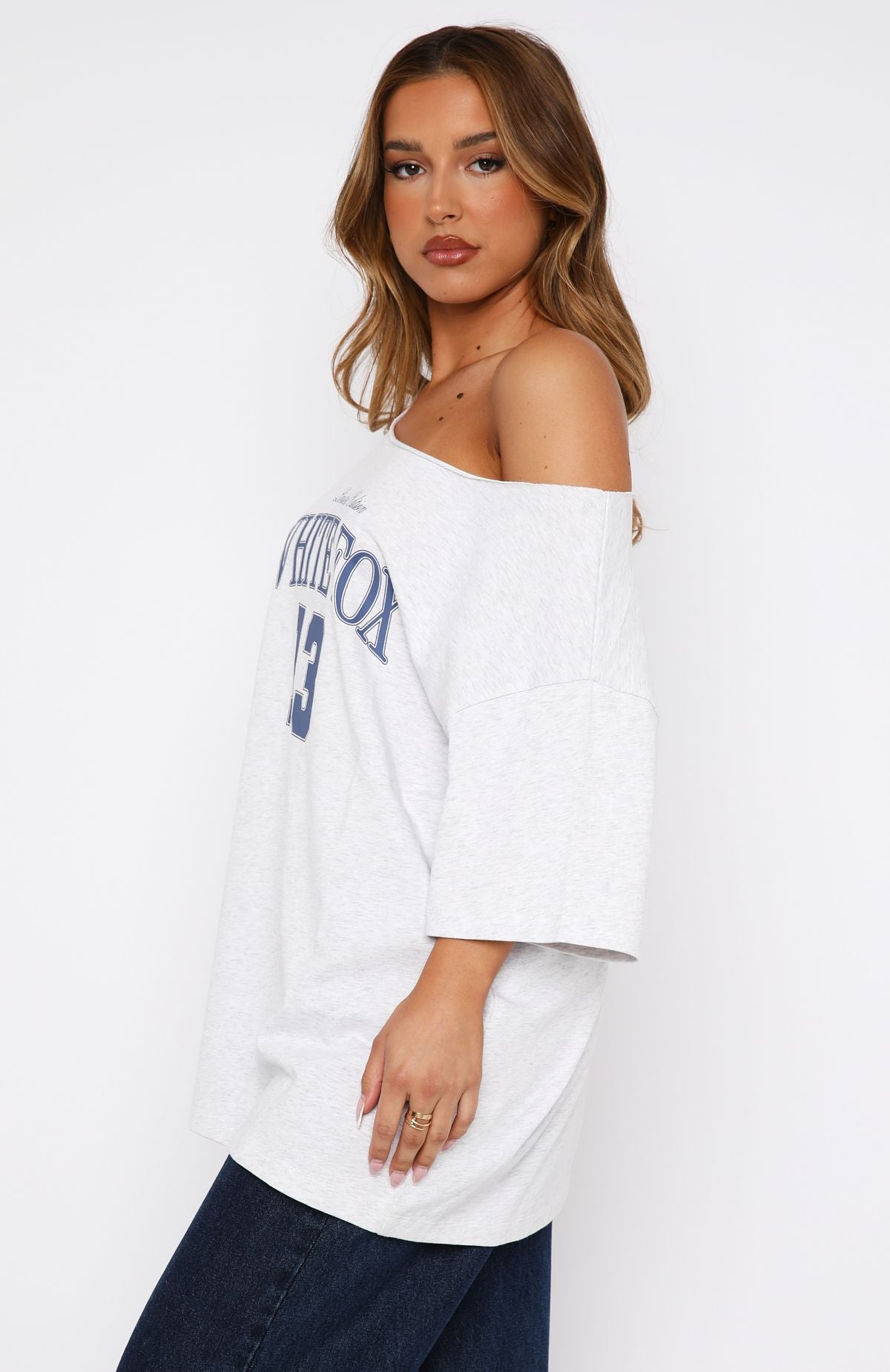 Everything In Time Off Shoulder Oversized Cotton Tee Grey Marle