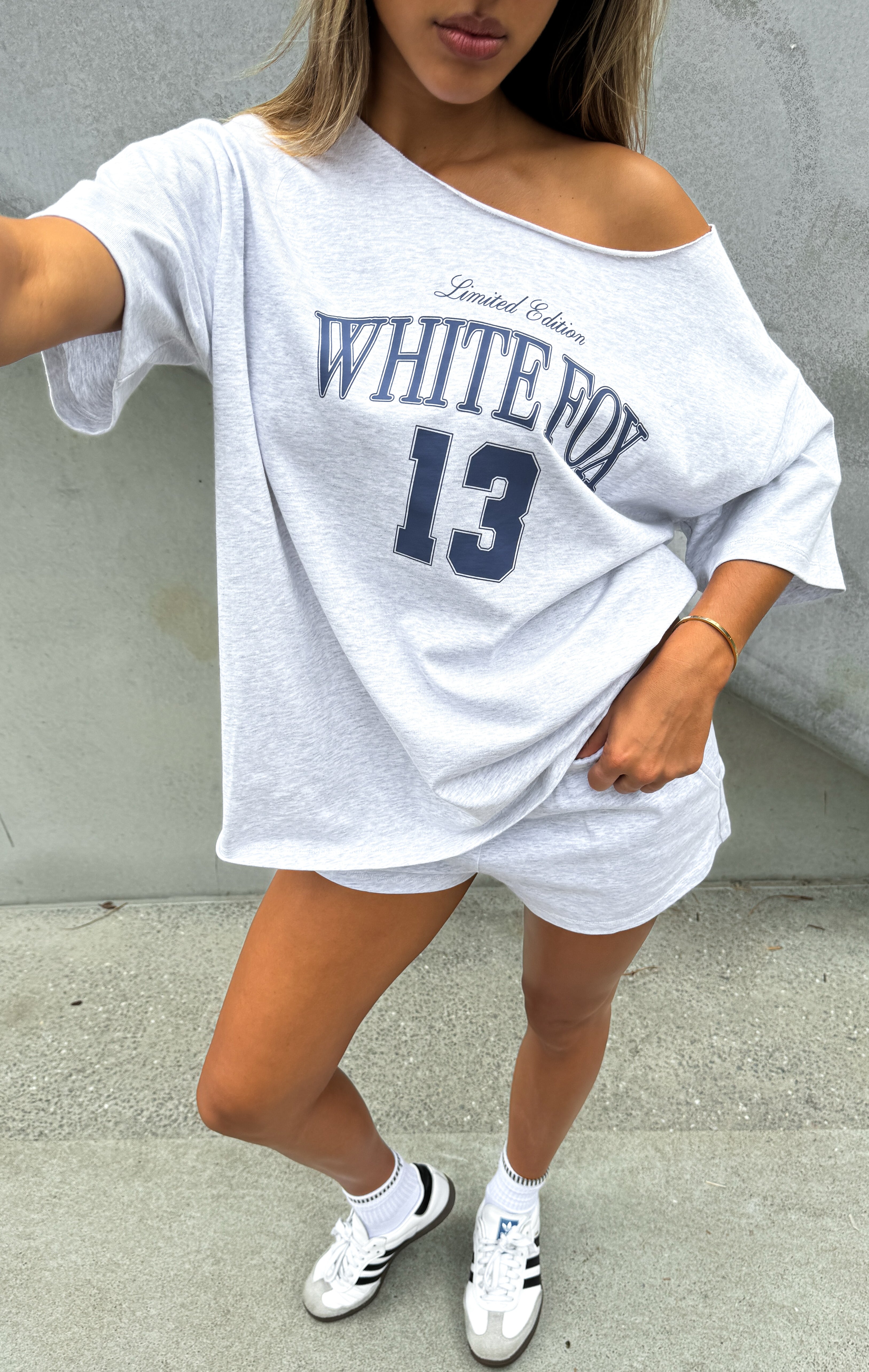 Everything In Time Off Shoulder Oversized Cotton Tee Grey Marle