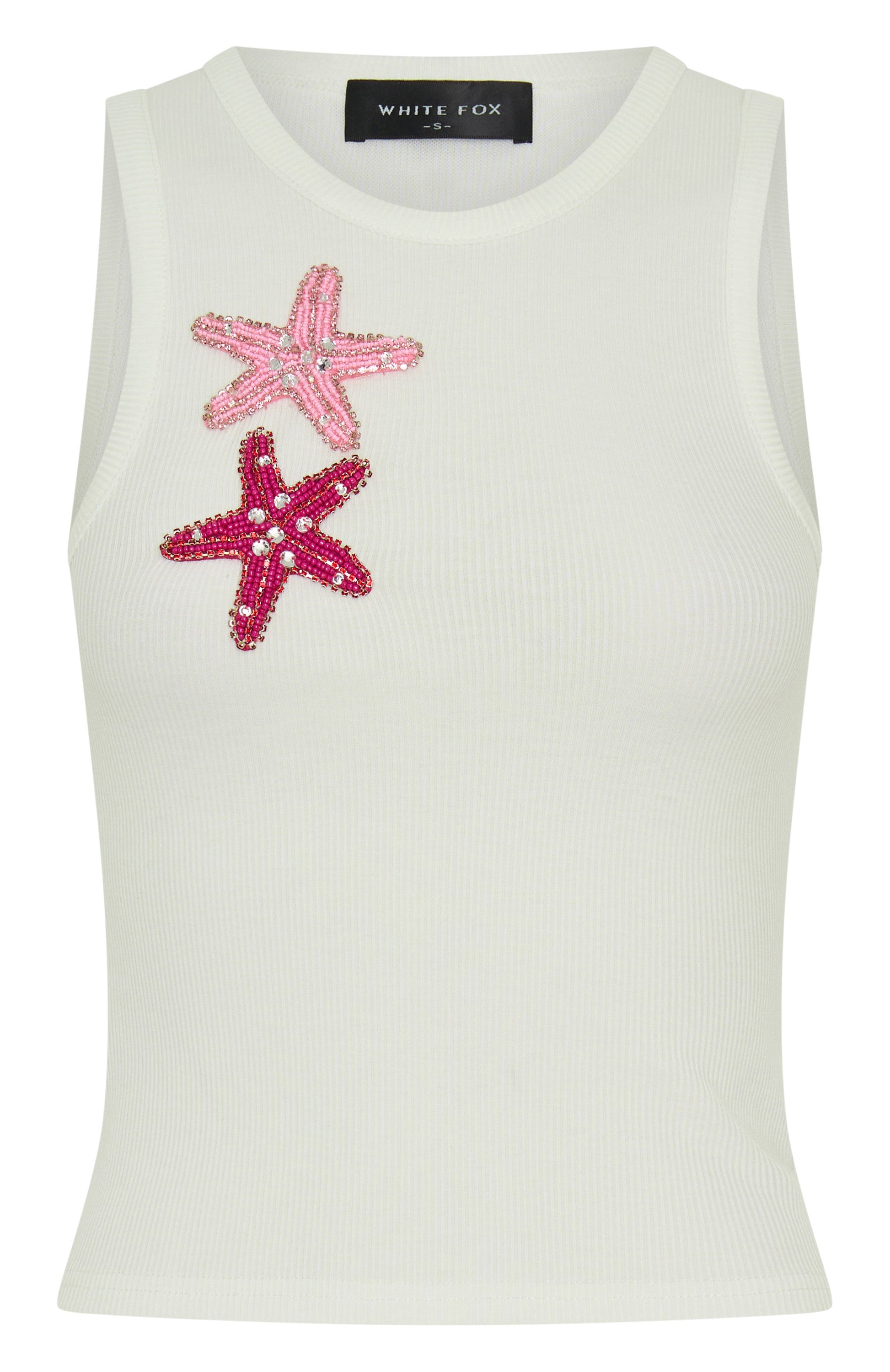 Sirena Ribbed Tank Top with Beaded Detailing - White