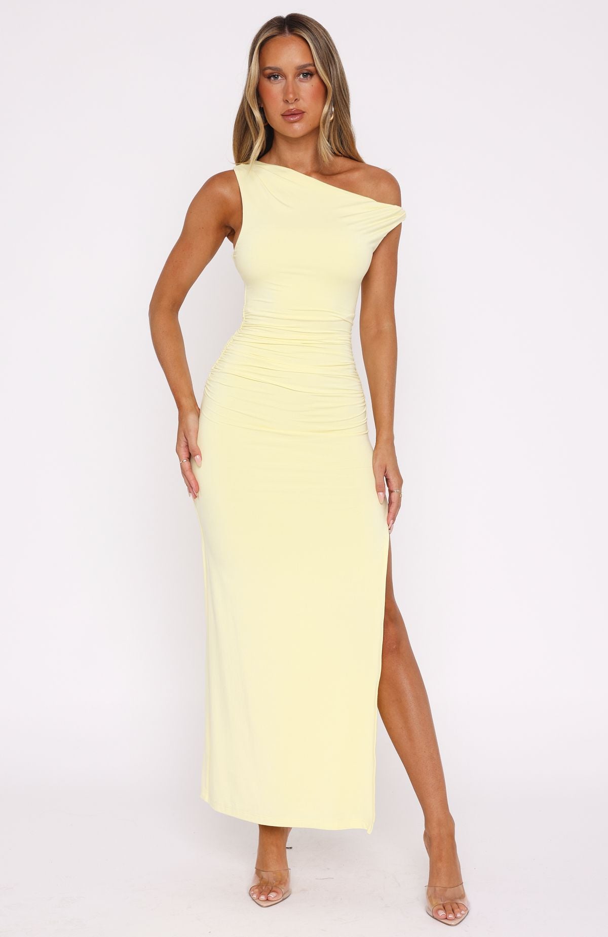 Lemon Ruching Maxi Dress - High Neck Lined Modal Blend