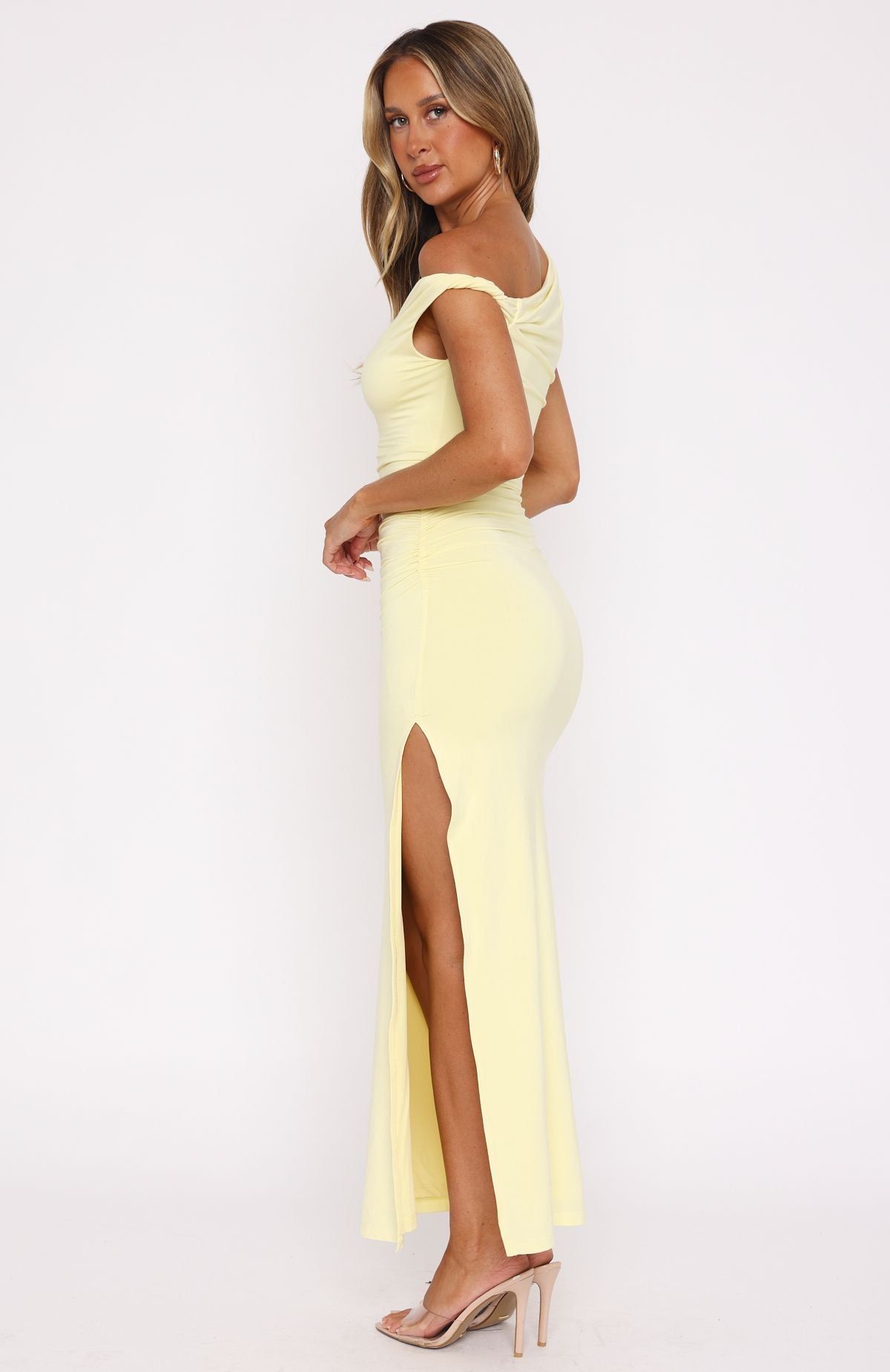 Lemon Ruching Maxi Dress - High Neck Lined Modal Blend