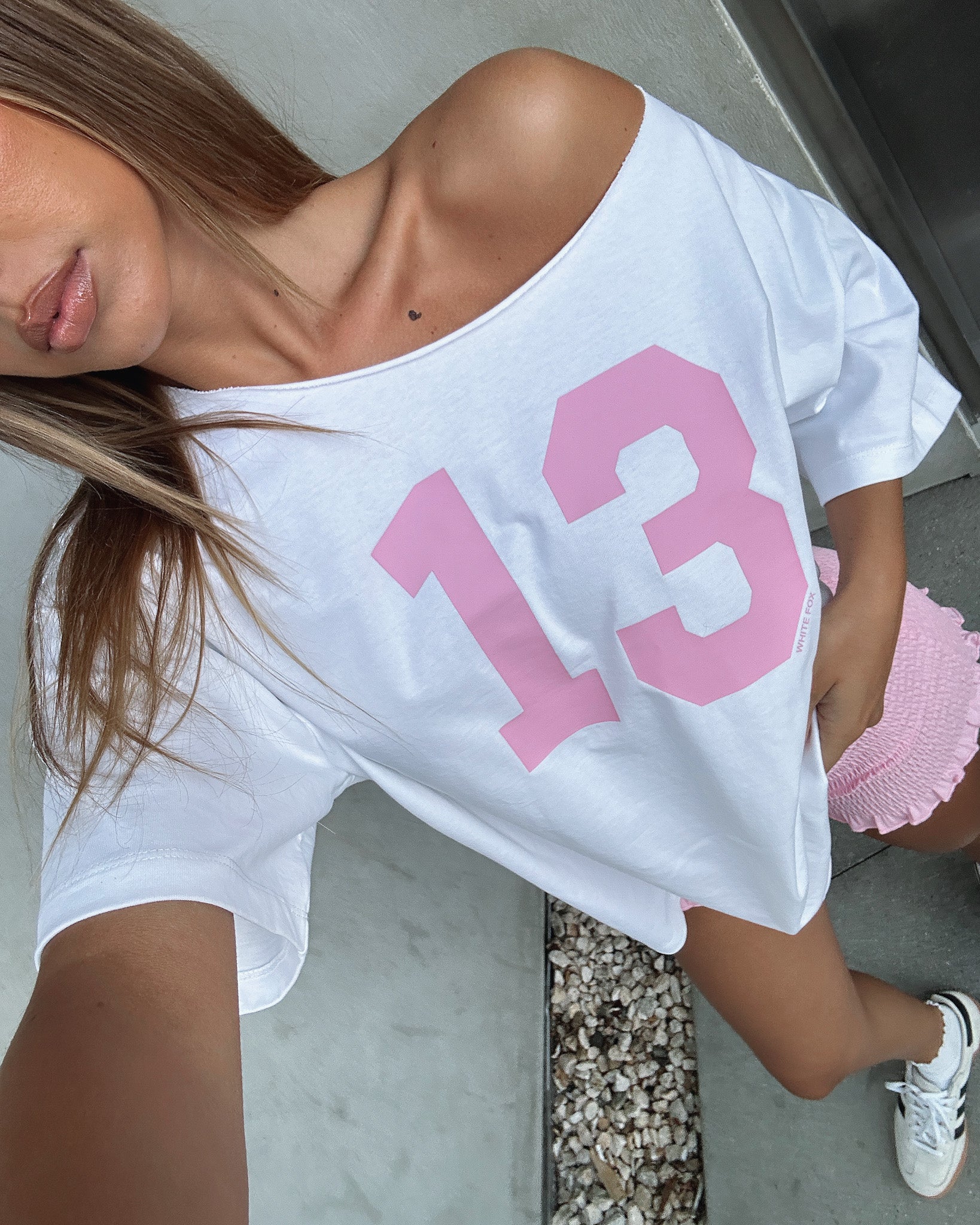 Women's Off Shoulder Oversized Cotton Tee - White Athleisure Top
