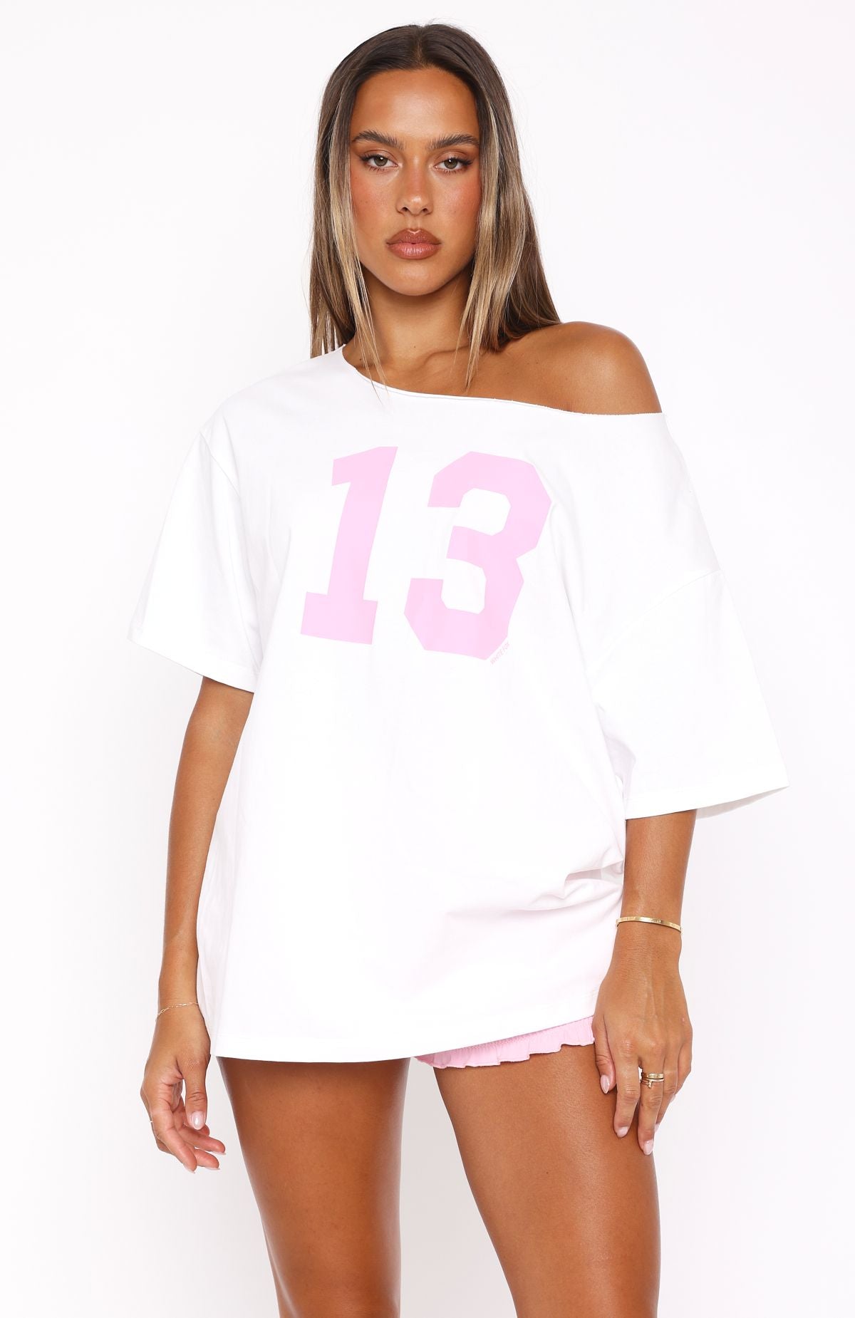 Women's Off Shoulder Oversized Cotton Tee - White Athleisure Top